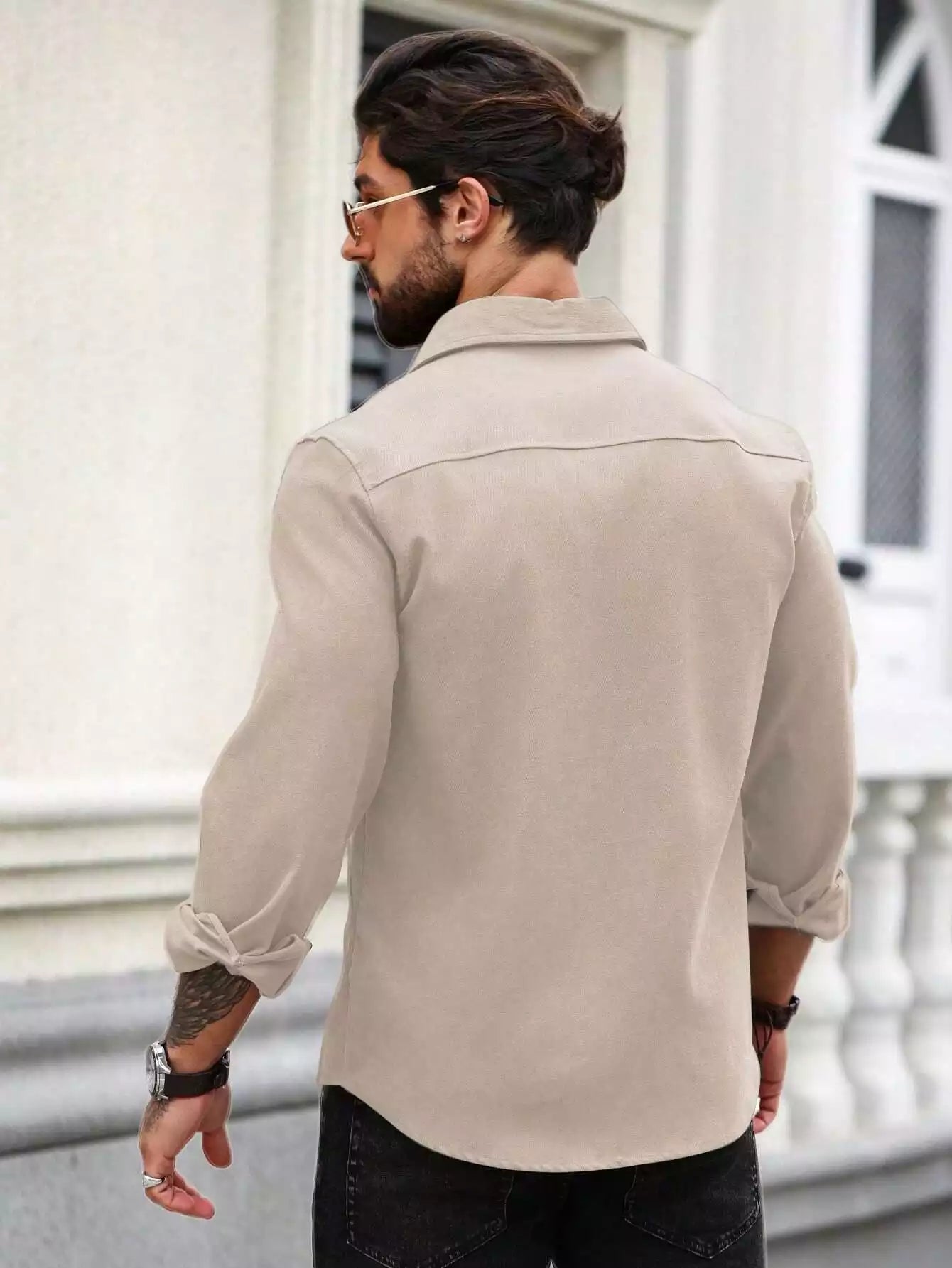 Men Spring And Summer Solid Color Loose Casual Long-Sleeved Shirt Apricot Color - XPST