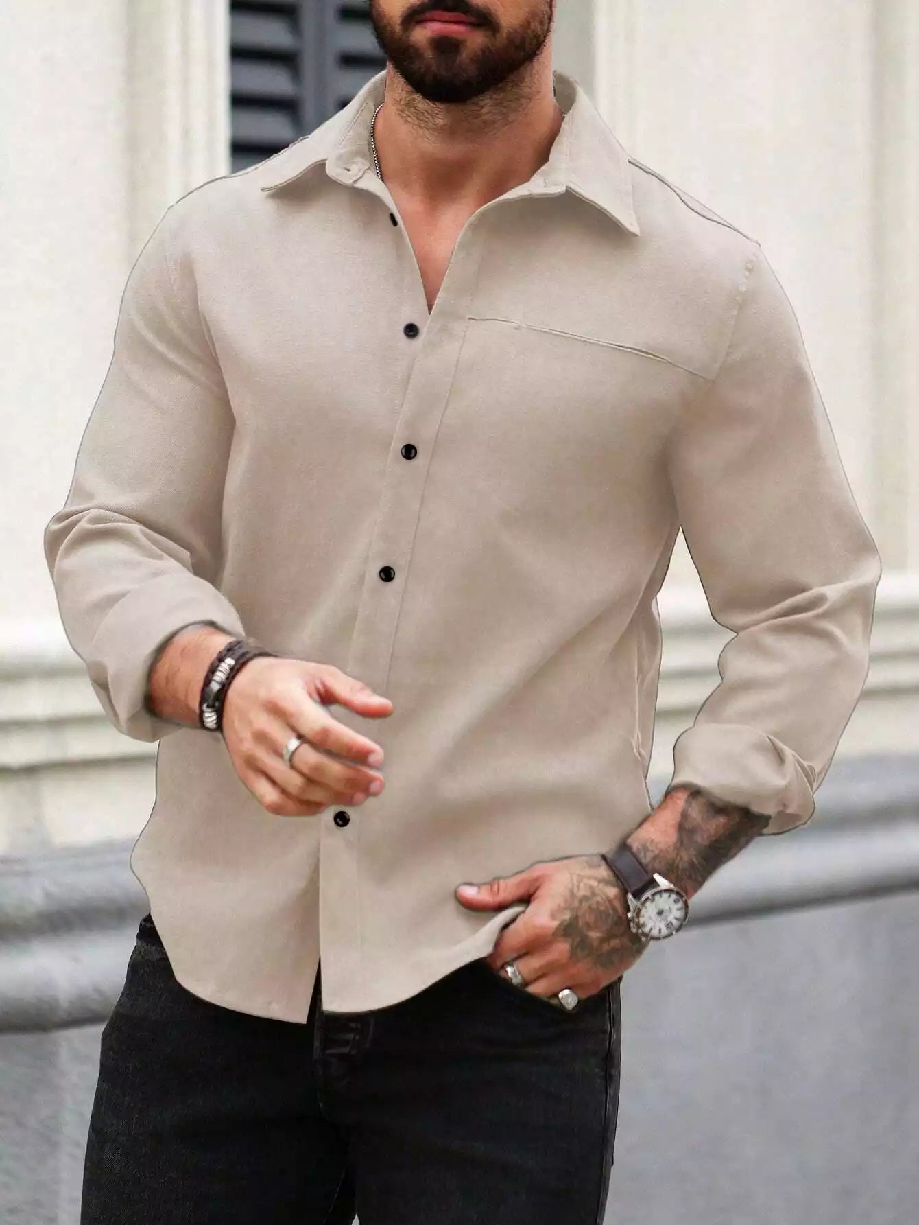 Men Spring And Summer Solid Color Loose Casual Long-Sleeved Shirt Apricot Color - XPST