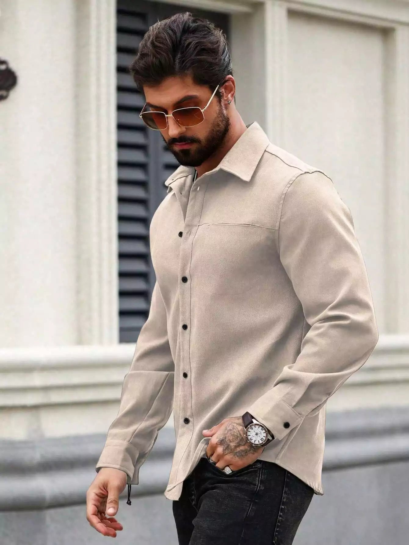 Men Spring And Summer Solid Color Loose Casual Long-Sleeved Shirt Apricot Color - XPST