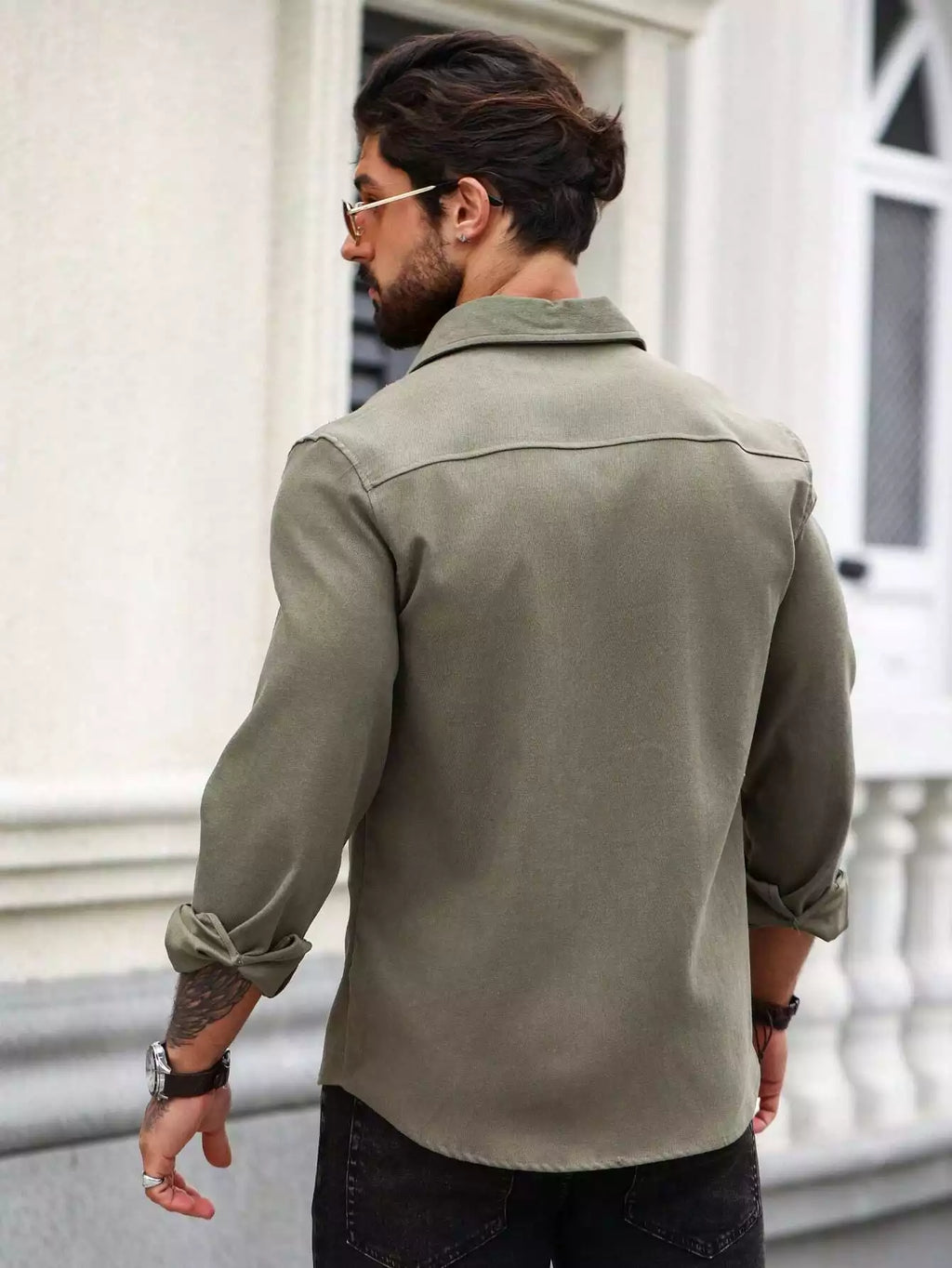 Men Spring And Summer Solid Color Loose Casual Long-Sleeved Shirt Army Green Color - XPST