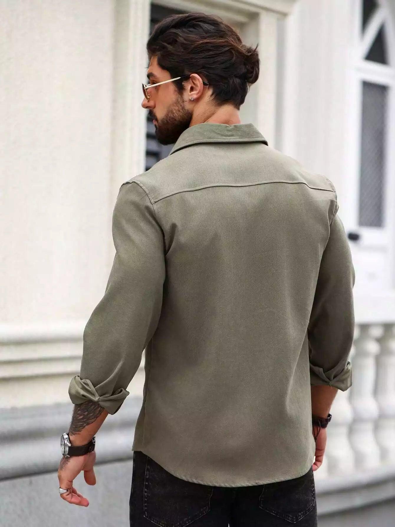 Men Spring And Summer Solid Color Loose Casual Long-Sleeved Shirt Army Green Color - XPST