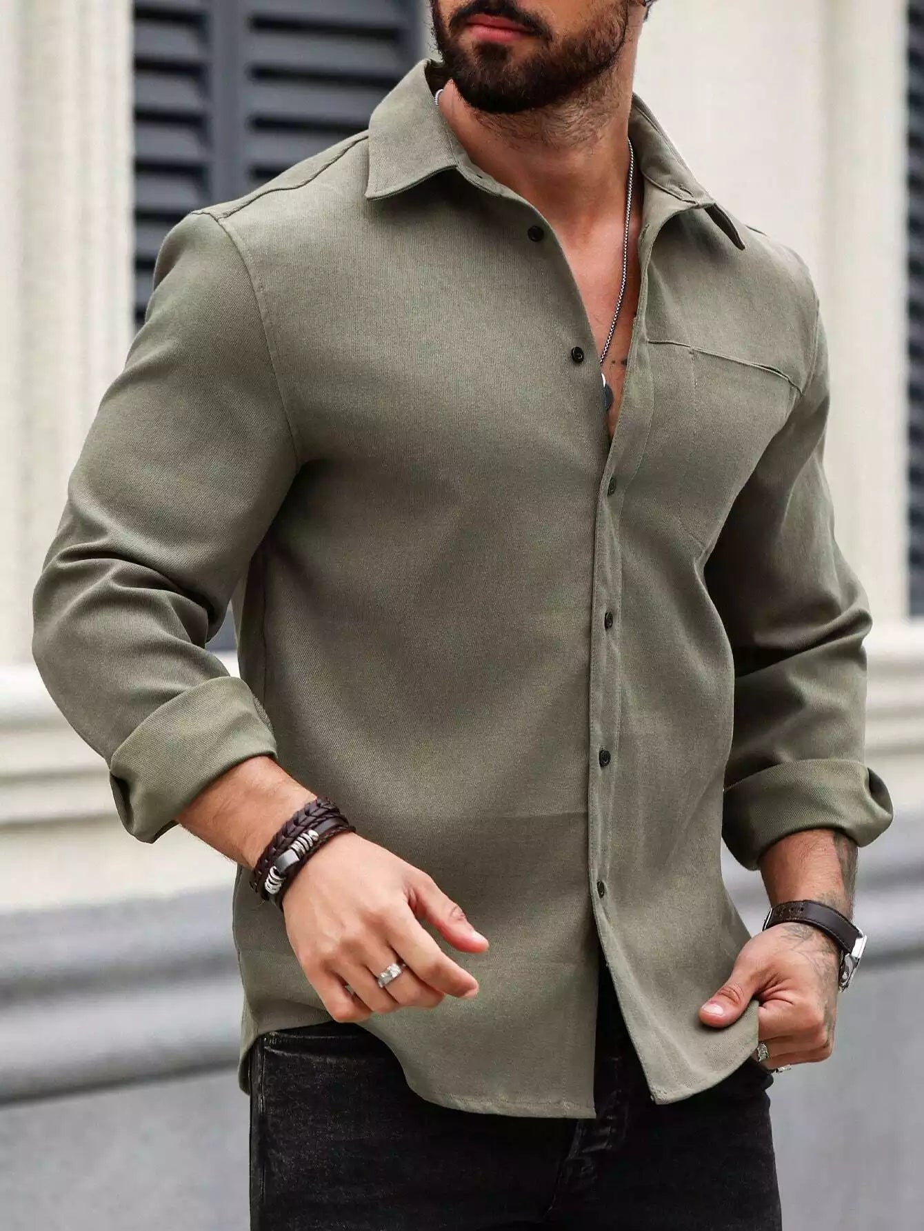 Men Spring And Summer Solid Color Loose Casual Long-Sleeved Shirt Army Green Color - XPST