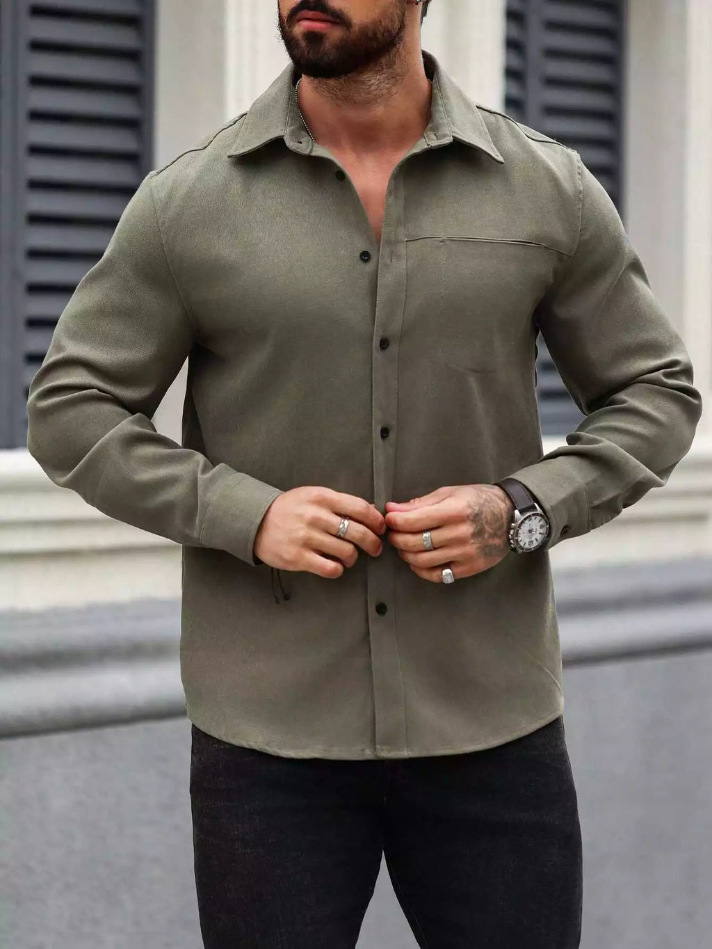 Men Spring And Summer Solid Color Loose Casual Long-Sleeved Shirt Army Green Color - XPST