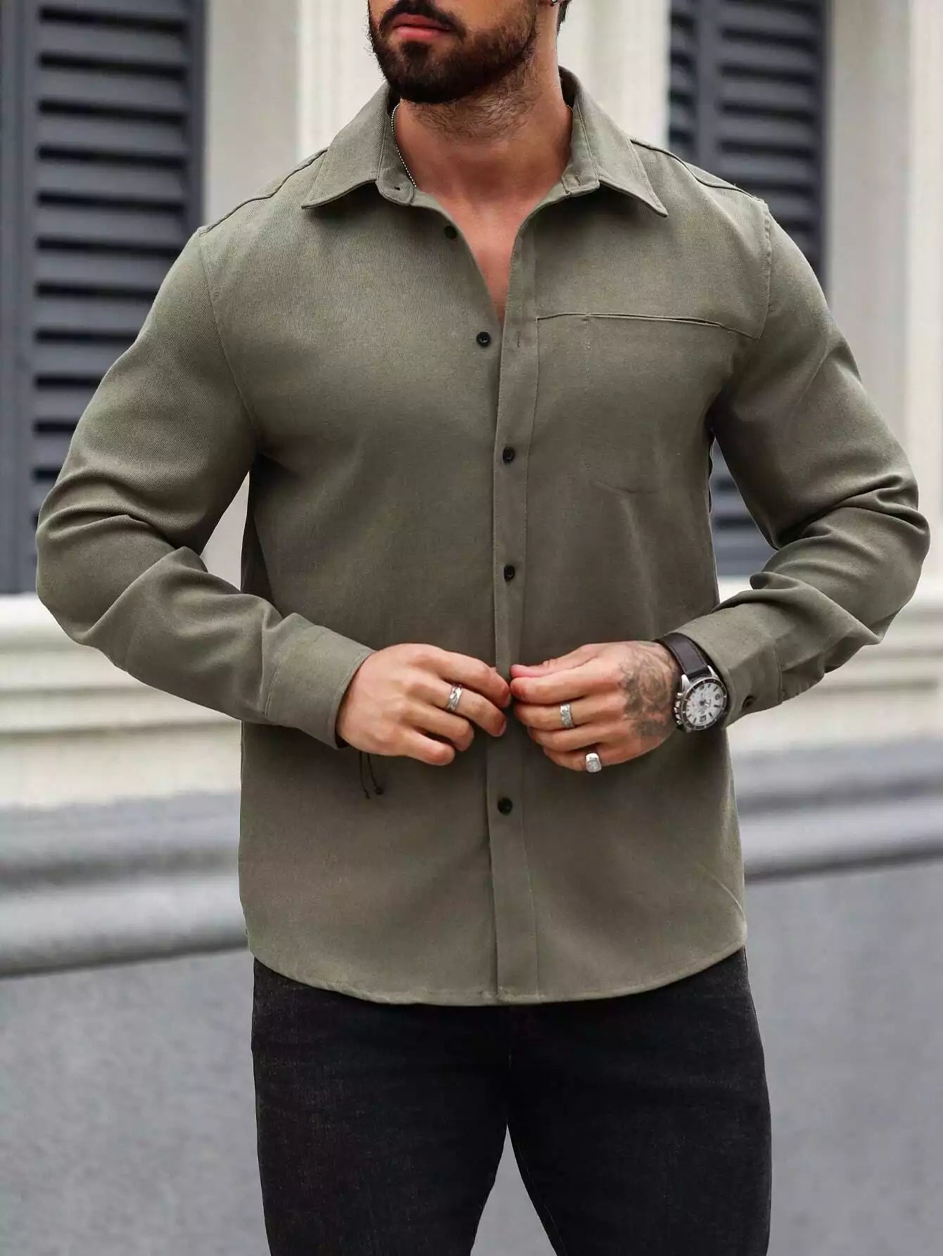 Men Spring And Summer Solid Color Loose Casual Long-Sleeved Shirt Army Green Color - XPST