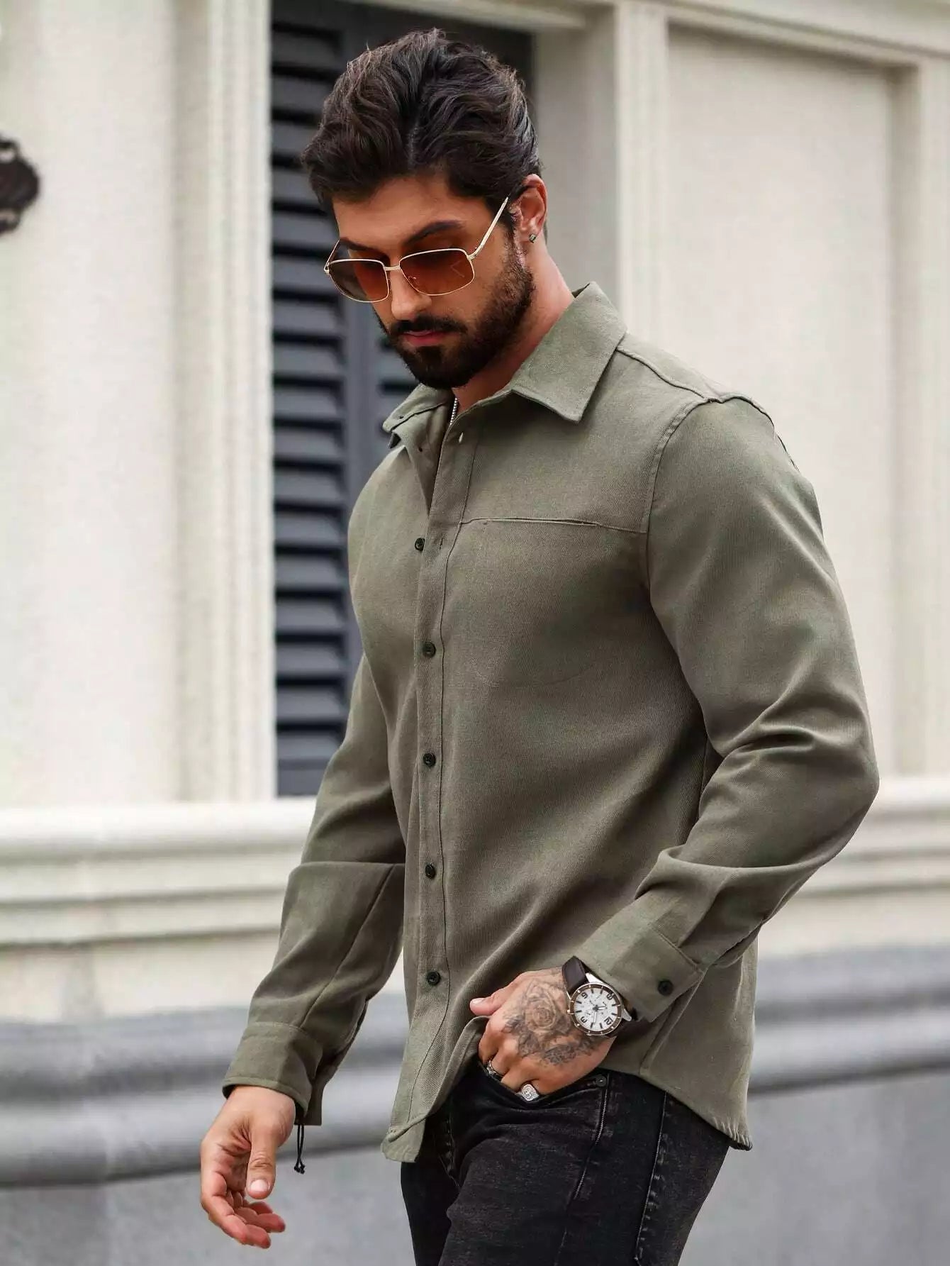 Men Spring And Summer Solid Color Loose Casual Long-Sleeved Shirt Army Green Color - XPST