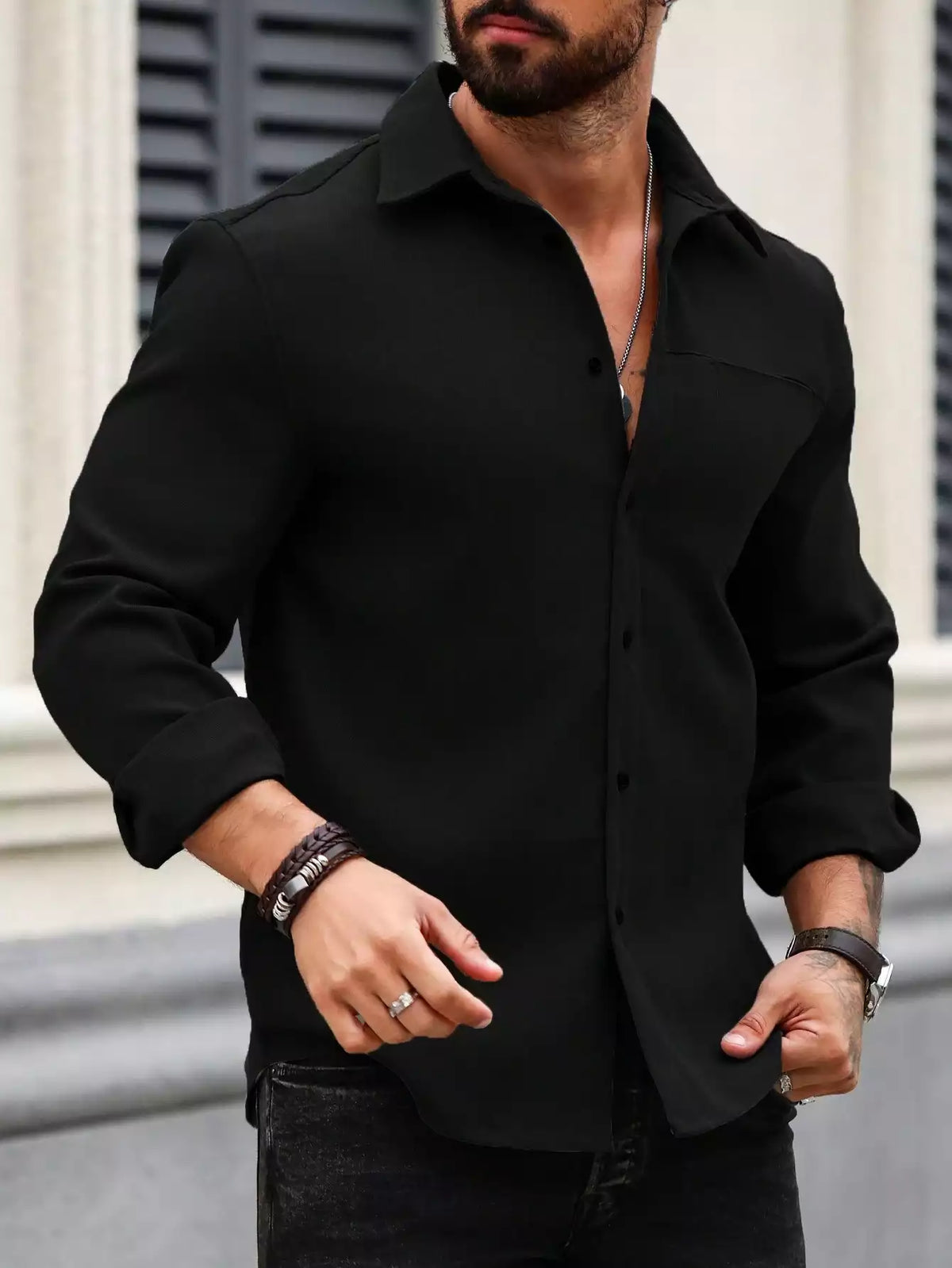 Men Spring And Summer Solid Color Loose Casual Long-Sleeved Shirt Black Color - XPST