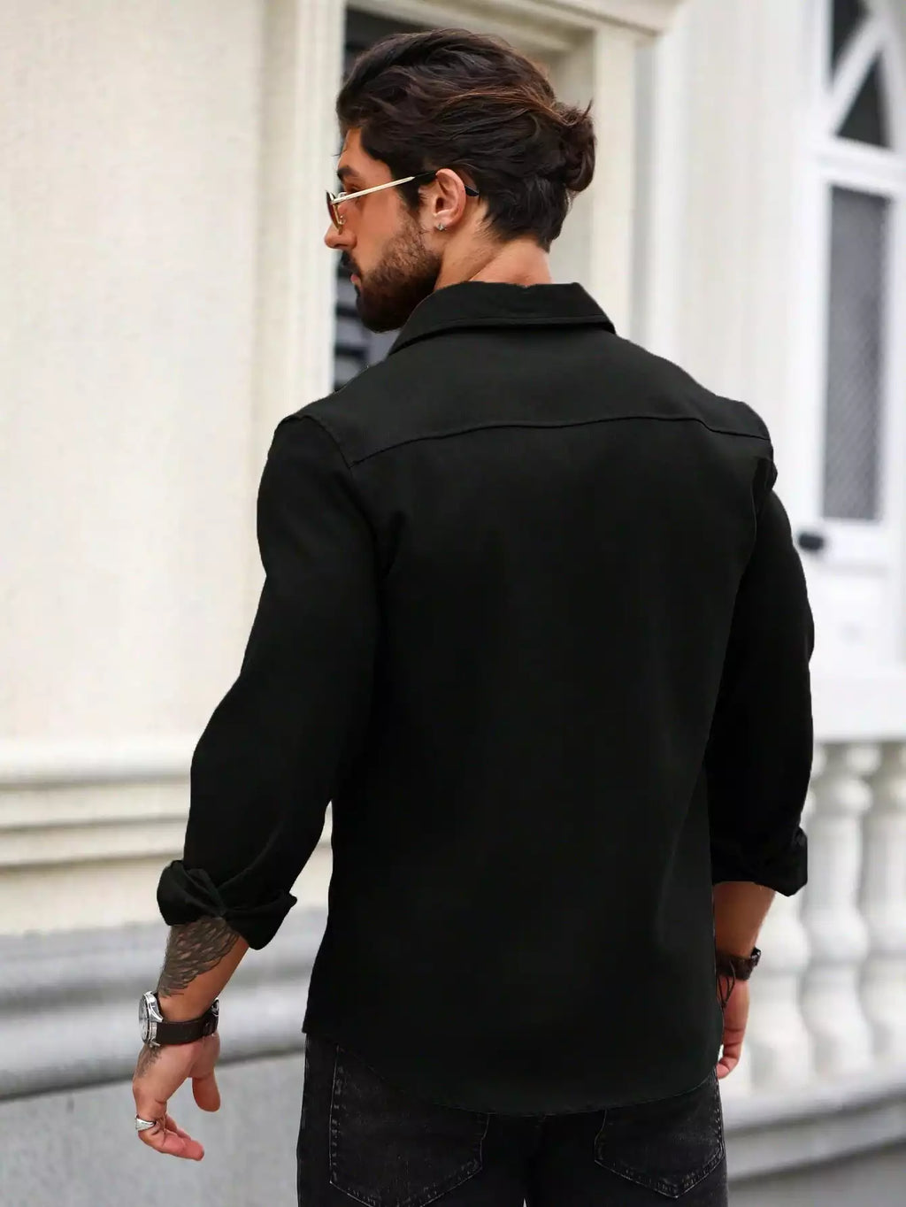 Men Spring And Summer Solid Color Loose Casual Long-Sleeved Shirt Black Color - XPST