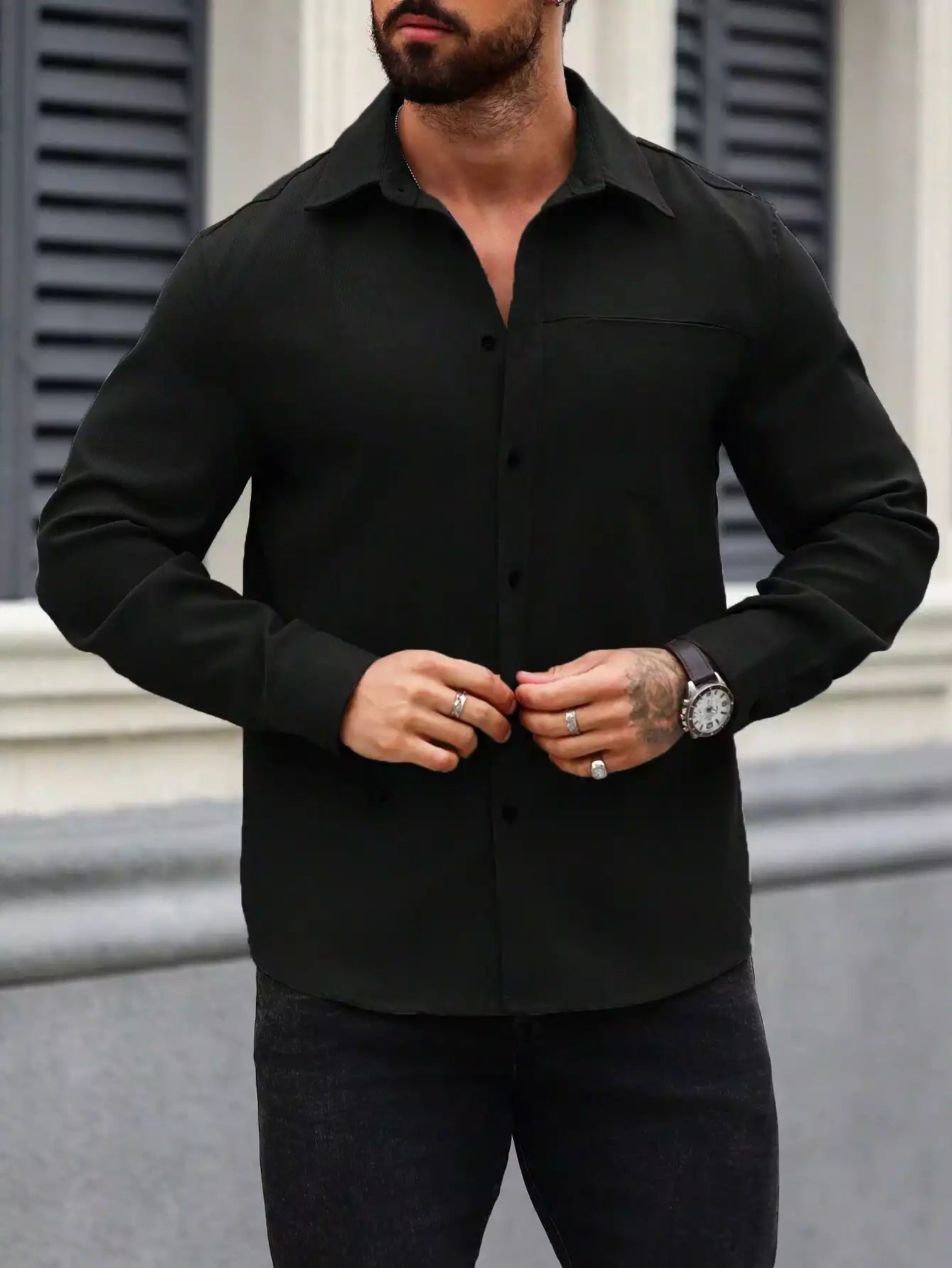 Men Spring And Summer Solid Color Loose Casual Long-Sleeved Shirt Black Color - XPST