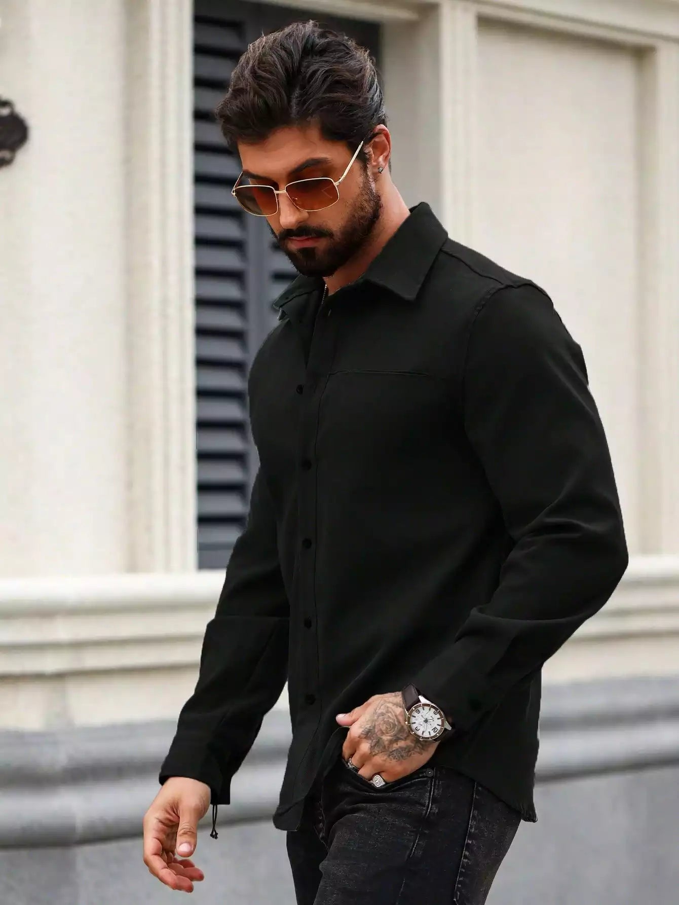 Men Spring And Summer Solid Color Loose Casual Long-Sleeved Shirt Black Color - XPST