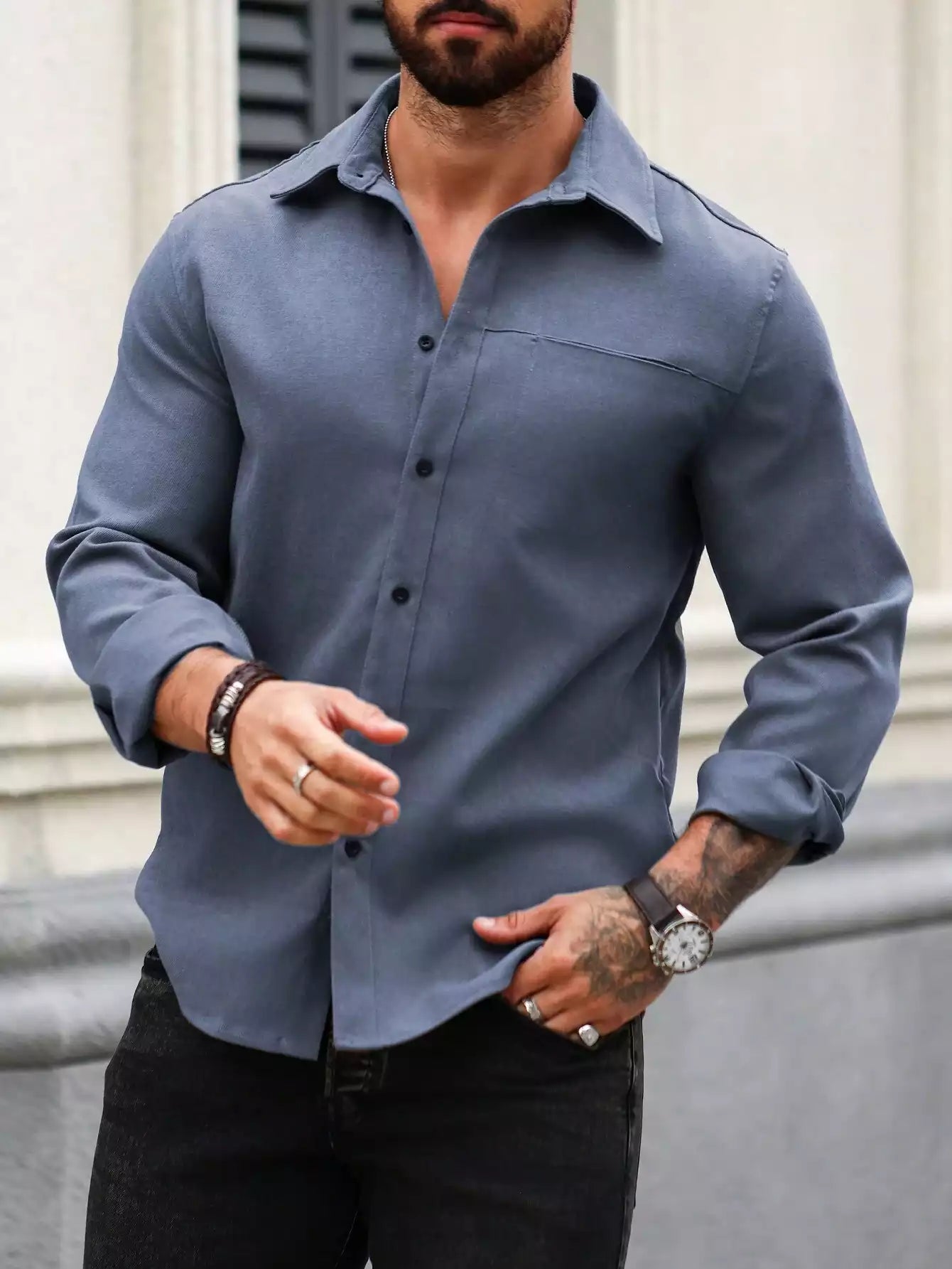 Men Spring And Summer Solid Color Loose Casual Long-Sleeved Shirt Blue Color - XPST