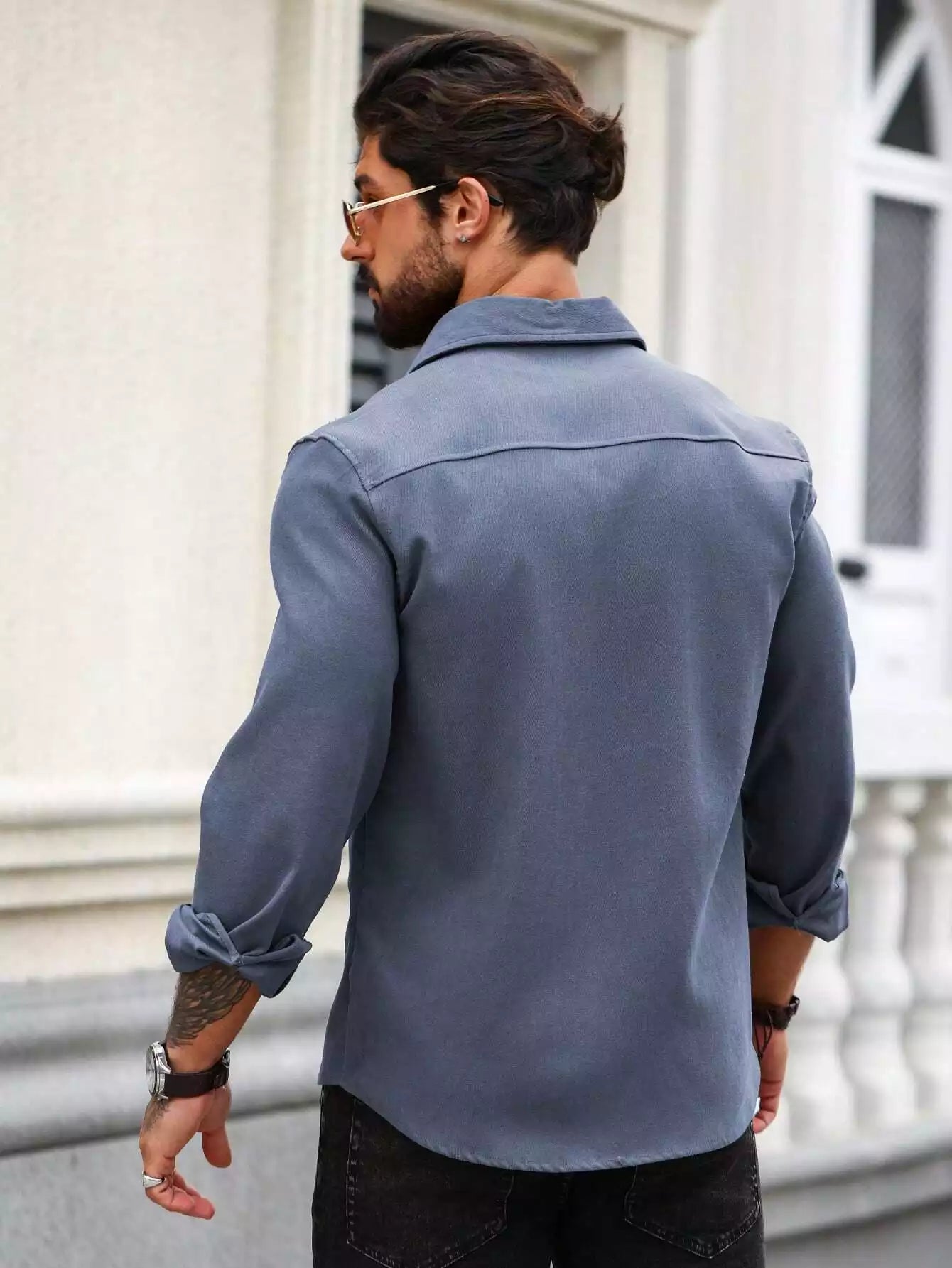 Men Spring And Summer Solid Color Loose Casual Long-Sleeved Shirt Blue Color - XPST