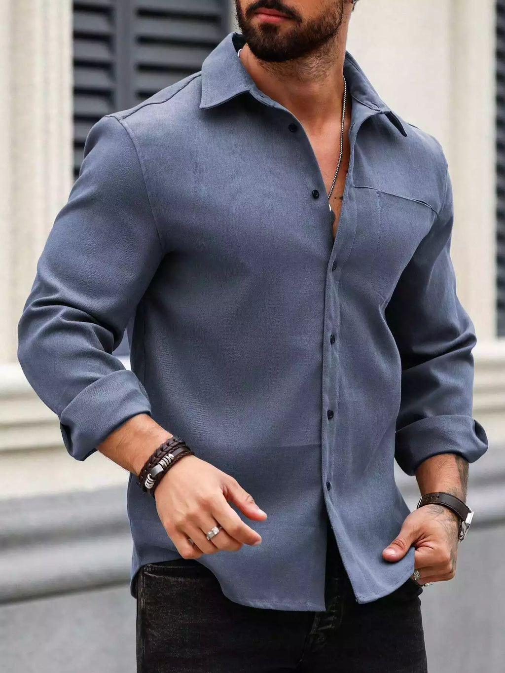 Men Spring And Summer Solid Color Loose Casual Long-Sleeved Shirt Blue Color - XPST