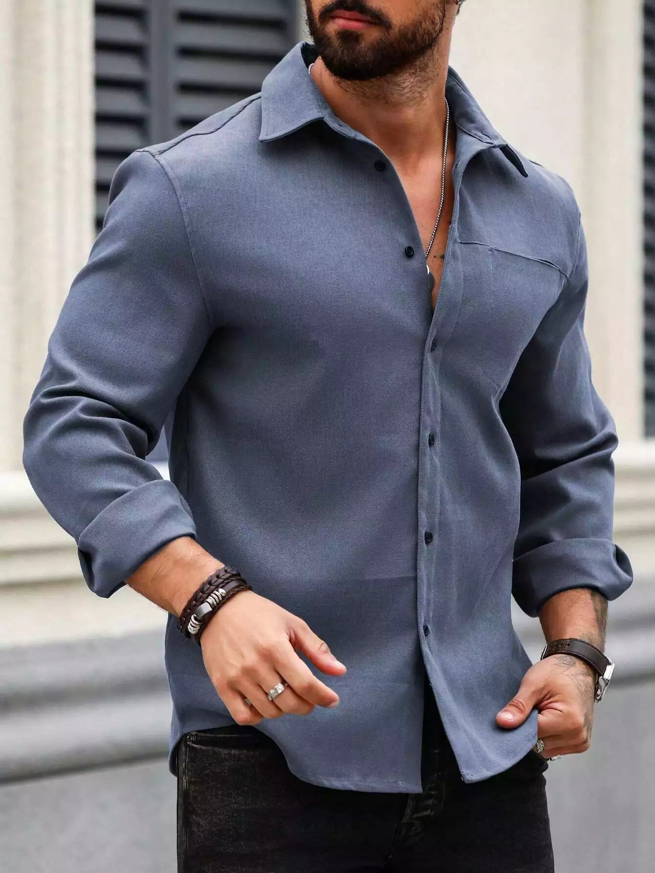Men Spring And Summer Solid Color Loose Casual Long-Sleeved Shirt Blue Color - XPST