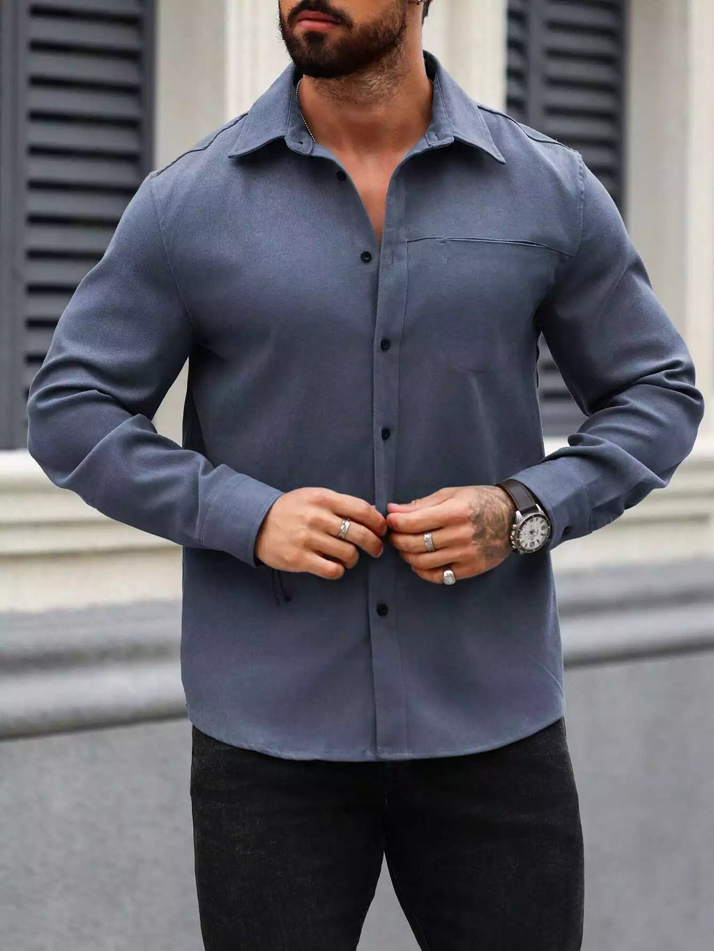 Men Spring And Summer Solid Color Loose Casual Long-Sleeved Shirt Blue Color - XPST