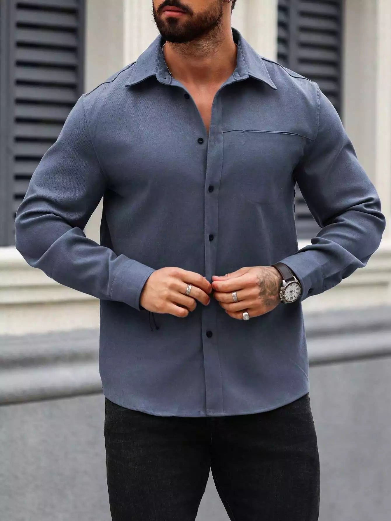 Men Spring And Summer Solid Color Loose Casual Long-Sleeved Shirt Blue Color - XPST
