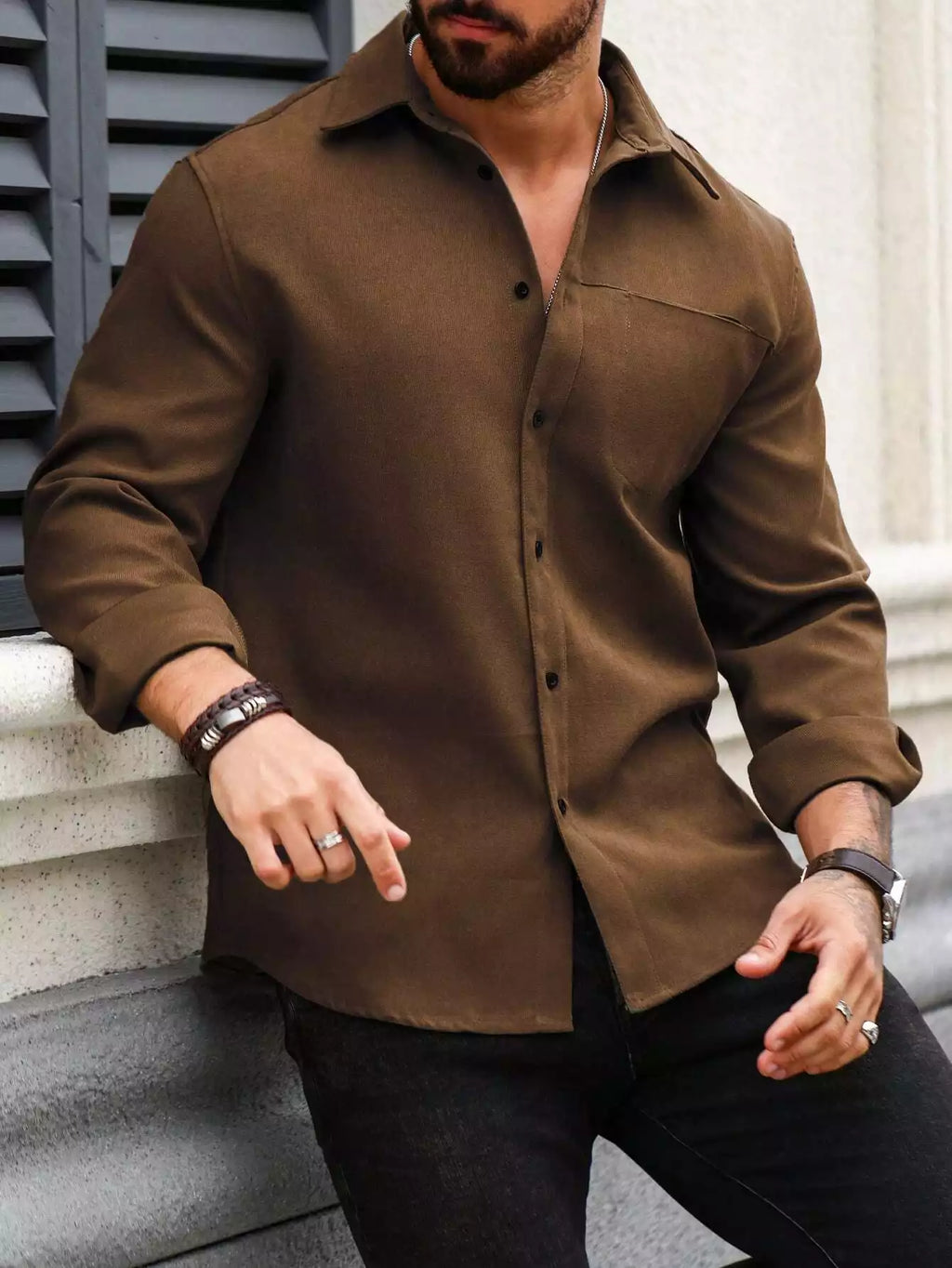Men Spring And Summer Solid Color Loose Casual Long-Sleeved Shirt Brown Color - XPST