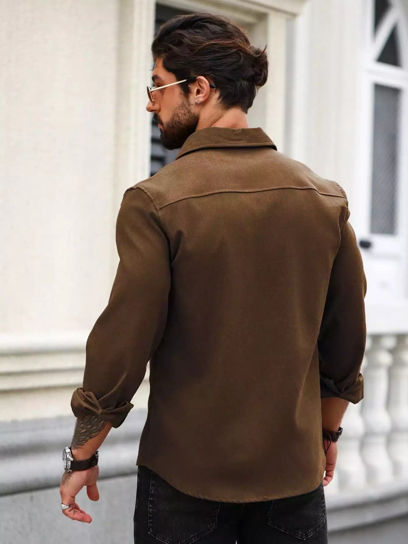 Men Spring And Summer Solid Color Loose Casual Long-Sleeved Shirt Brown Color - XPST