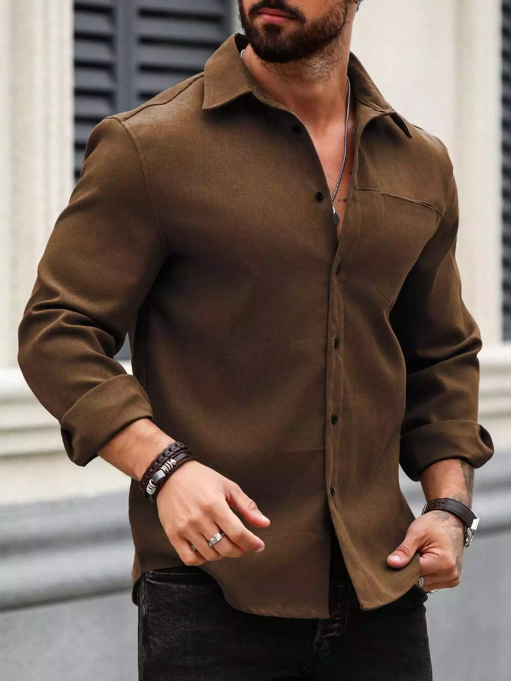 Men Spring And Summer Solid Color Loose Casual Long-Sleeved Shirt Brown Color - XPST