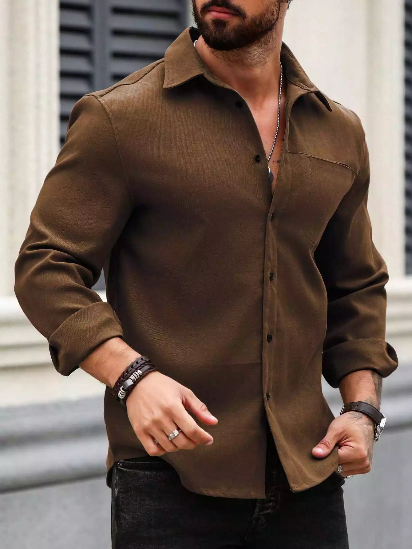 Men Spring And Summer Solid Color Loose Casual Long-Sleeved Shirt Brown Color - XPST