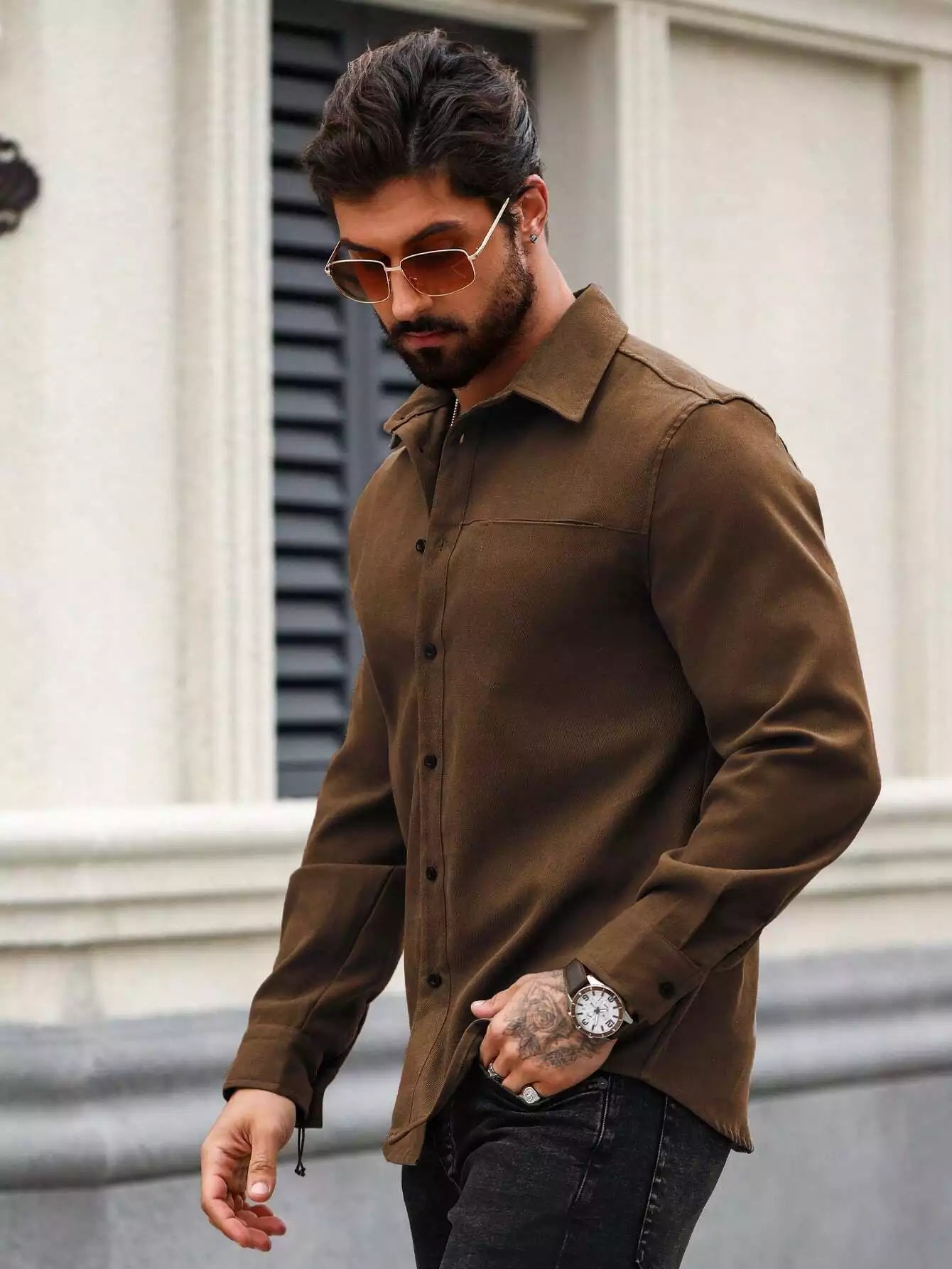 Men Spring And Summer Solid Color Loose Casual Long-Sleeved Shirt Brown Color - XPST