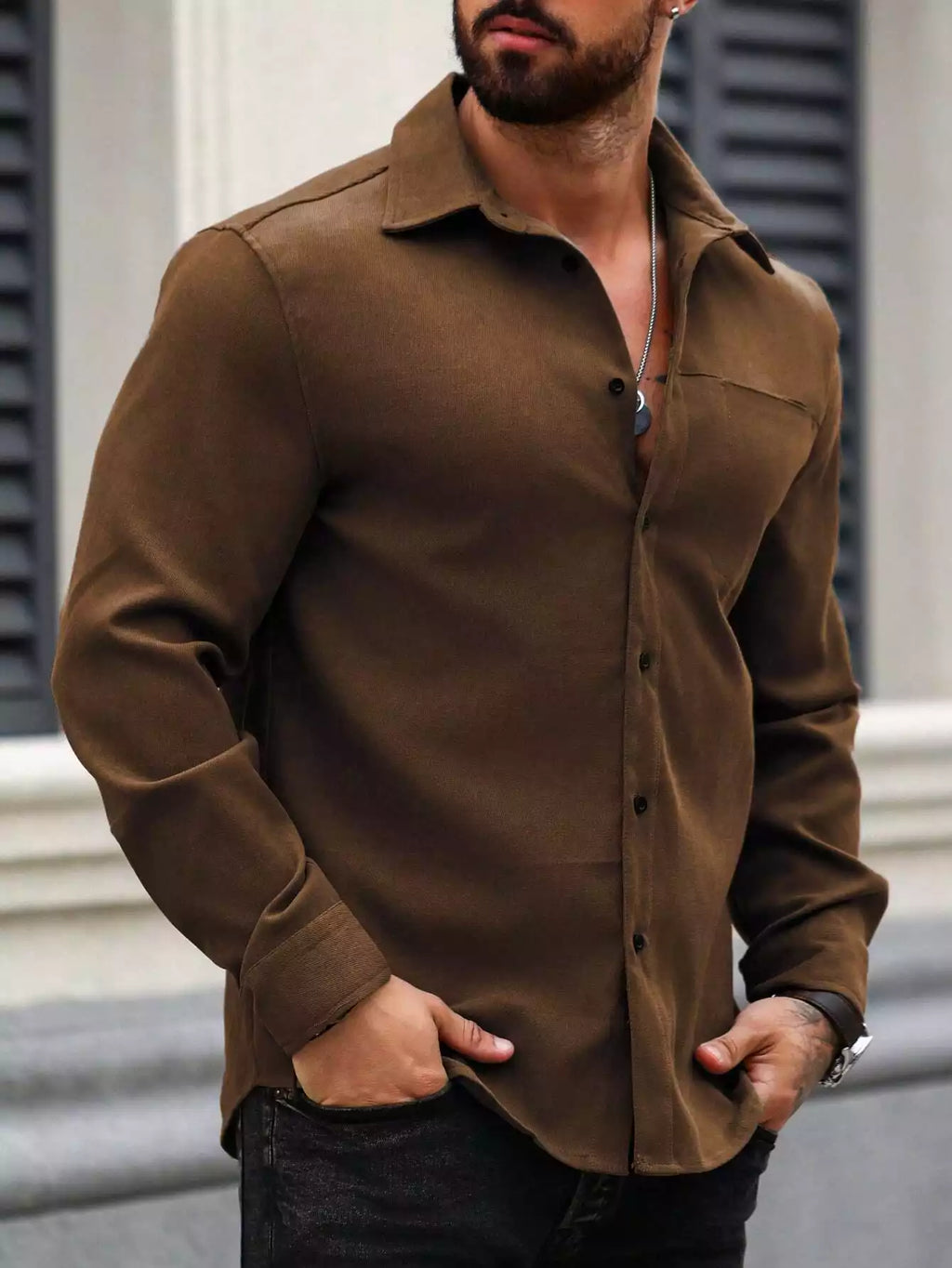 Men Spring And Summer Solid Color Loose Casual Long-Sleeved Shirt Brown Color - XPST