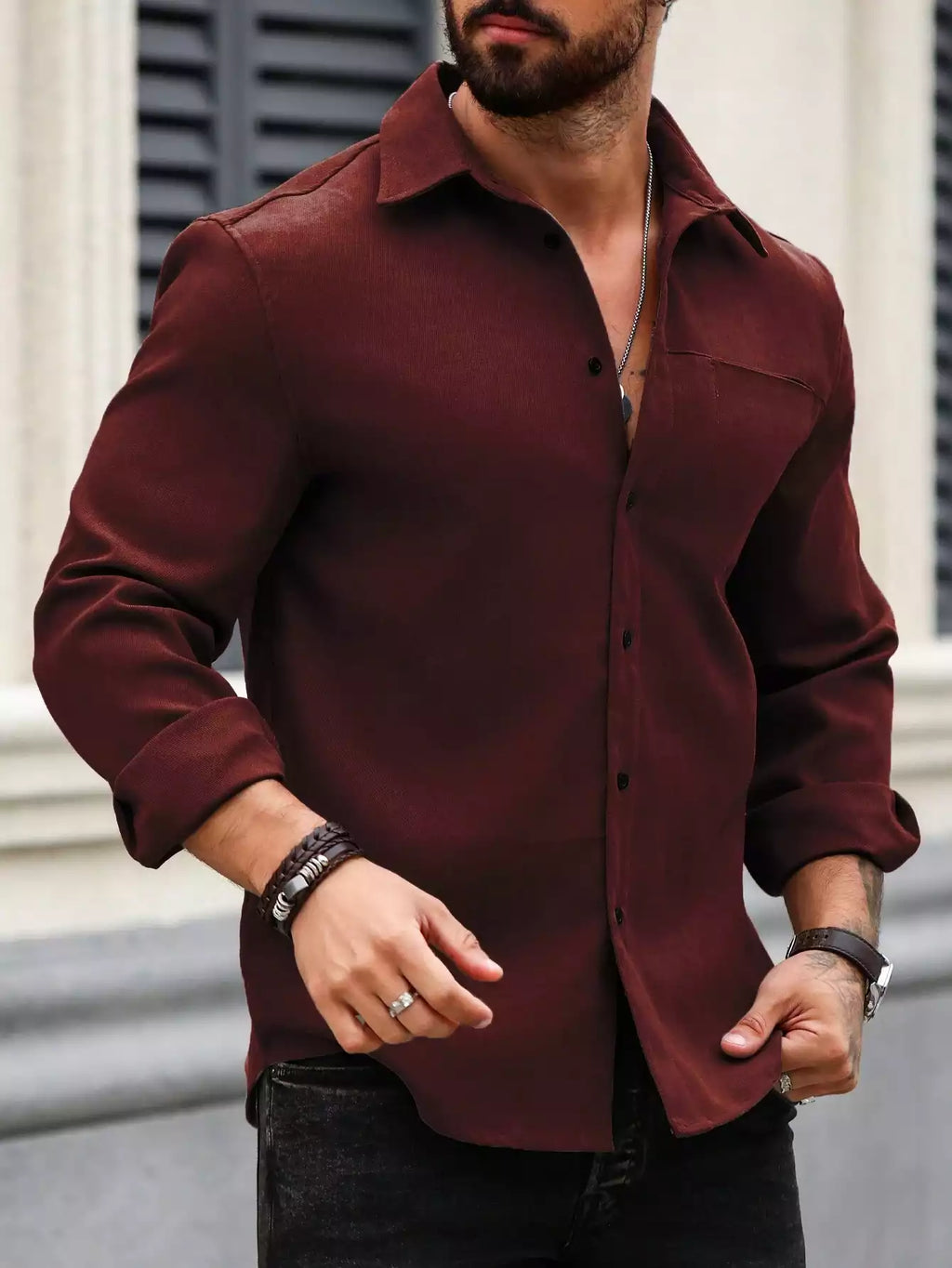 Men Spring And Summer Solid Color Loose Casual Long-Sleeved Shirt Burgundy Color - XPST