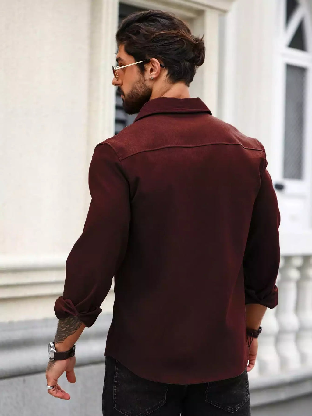 Men Spring And Summer Solid Color Loose Casual Long-Sleeved Shirt Burgundy Color - XPST