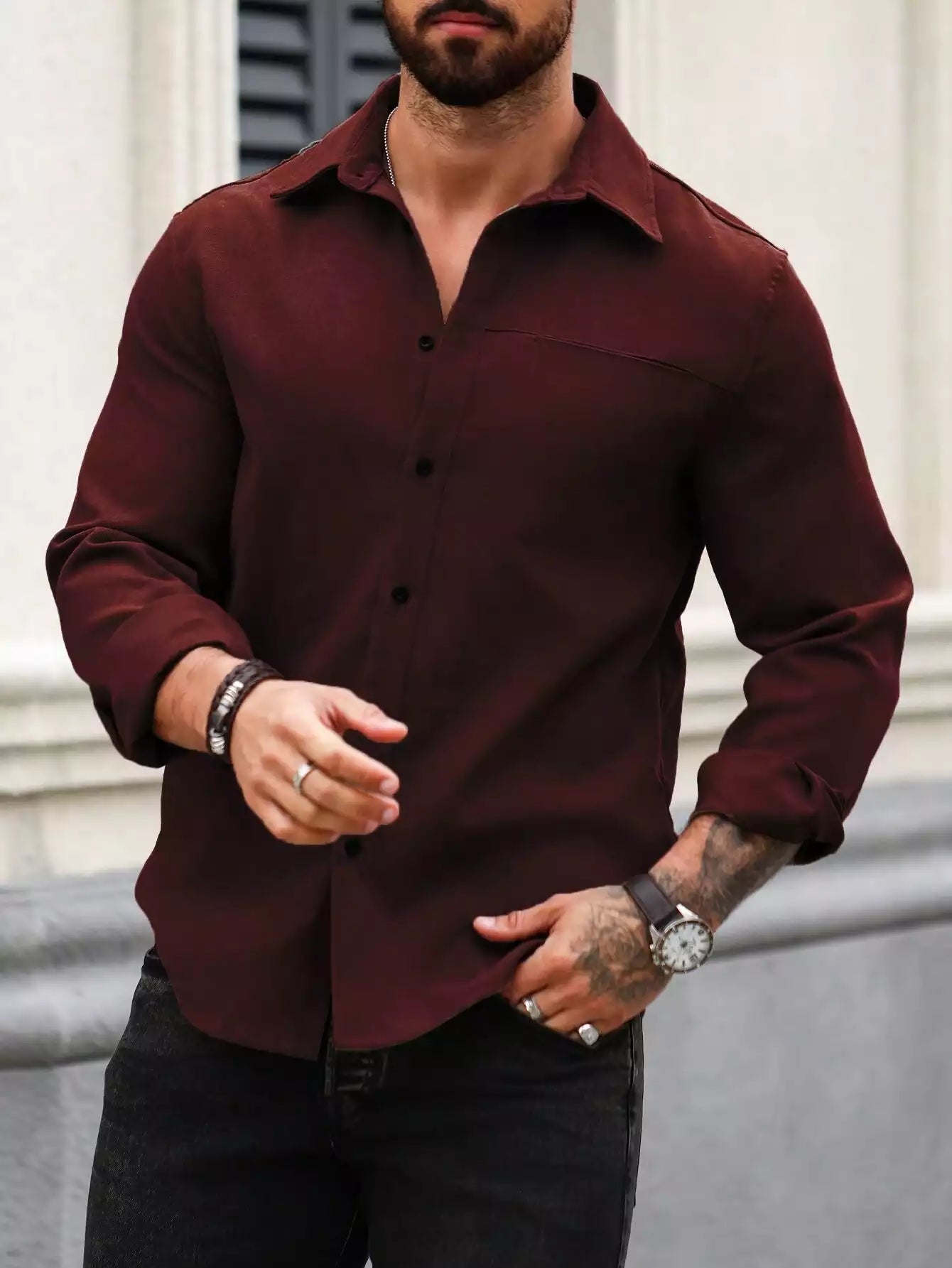 Men Spring And Summer Solid Color Loose Casual Long Sleeved Shirt Burg