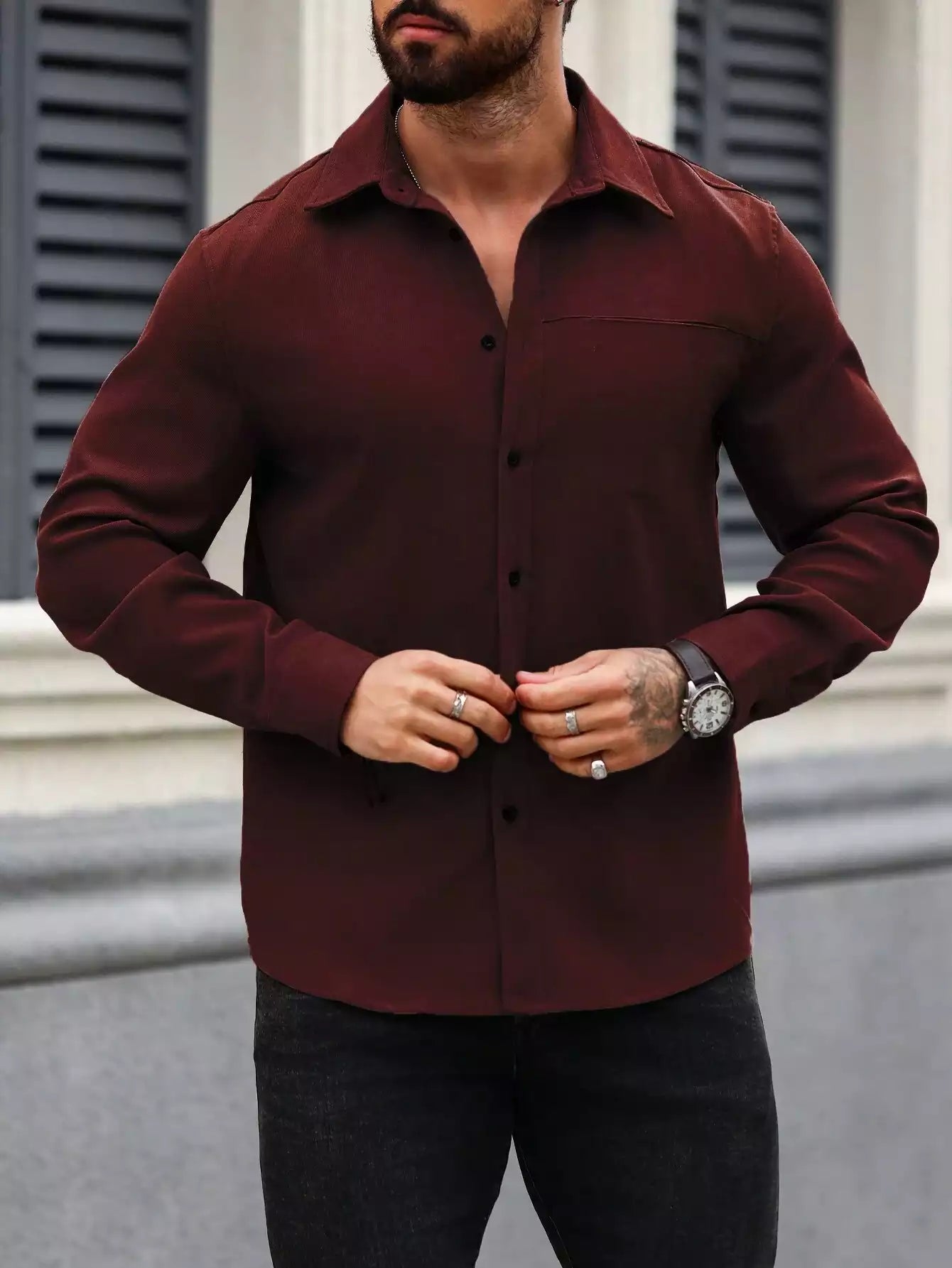 Men Spring And Summer Solid Color Loose Casual Long-Sleeved Shirt Burgundy Color - XPST