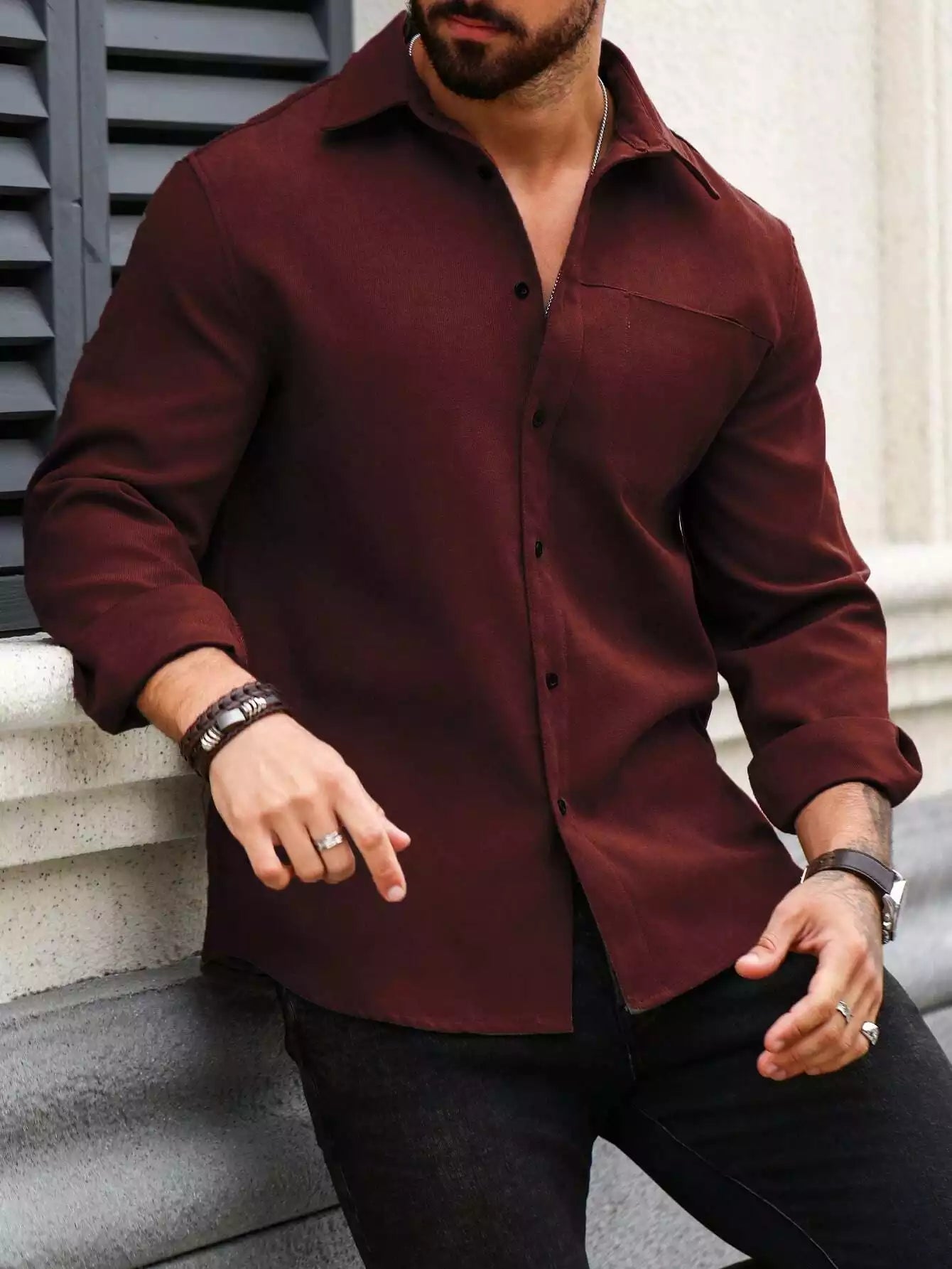 Men Spring And Summer Solid Color Loose Casual Long-Sleeved Shirt Burgundy Color - XPST