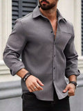 Men Spring And Summer Solid Color Loose Casual Long-Sleeved Shirt Dark Grey Color - XPST