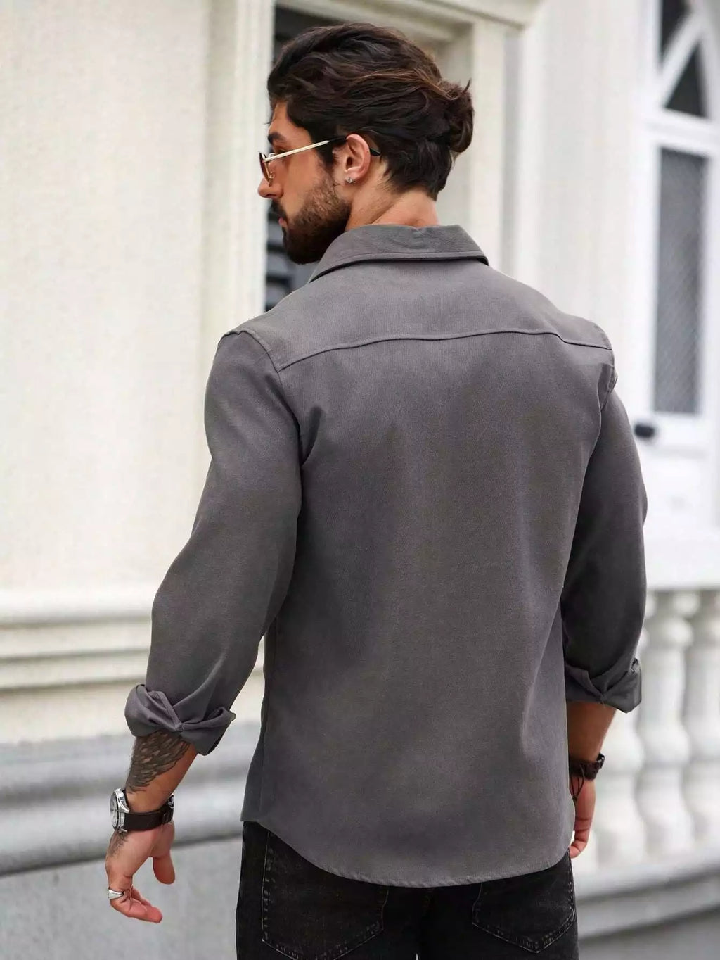 Men Spring And Summer Solid Color Loose Casual Long-Sleeved Shirt Dark Grey Color - XPST