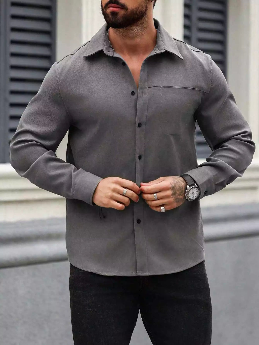 Men Spring And Summer Solid Color Loose Casual Long-Sleeved Shirt Dark Grey Color - XPST