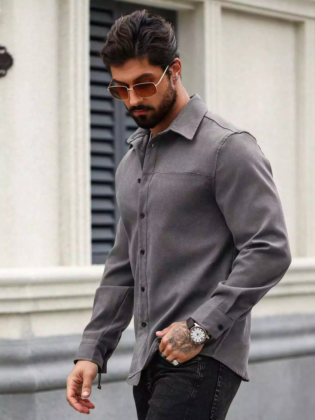 Men Spring And Summer Solid Color Loose Casual Long-Sleeved Shirt Dark Grey Color - XPST