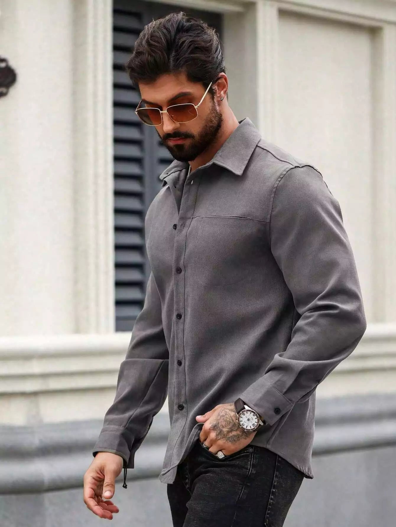 Men Spring And Summer Solid Color Loose Casual Long-Sleeved Shirt Dark Grey Color - XPST
