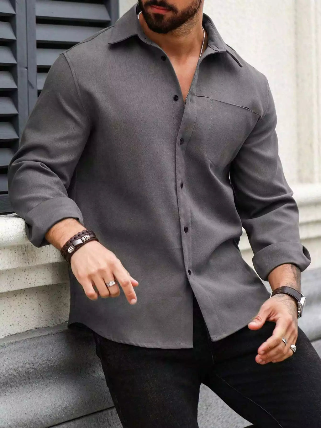Men Spring And Summer Solid Color Loose Casual Long-Sleeved Shirt Dark Grey Color - XPST