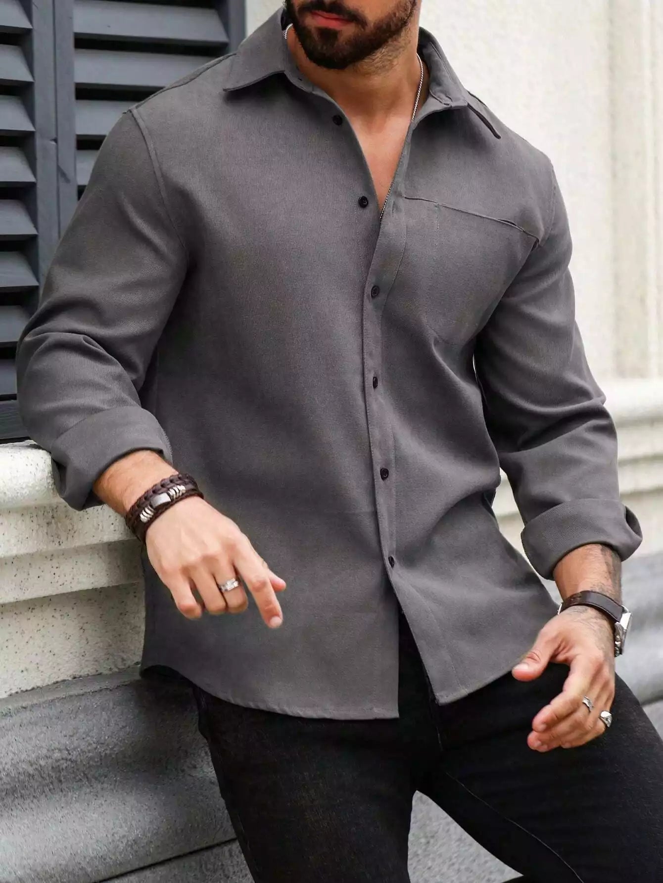 Men Spring And Summer Solid Color Loose Casual Long-Sleeved Shirt Dark Grey Color - XPST