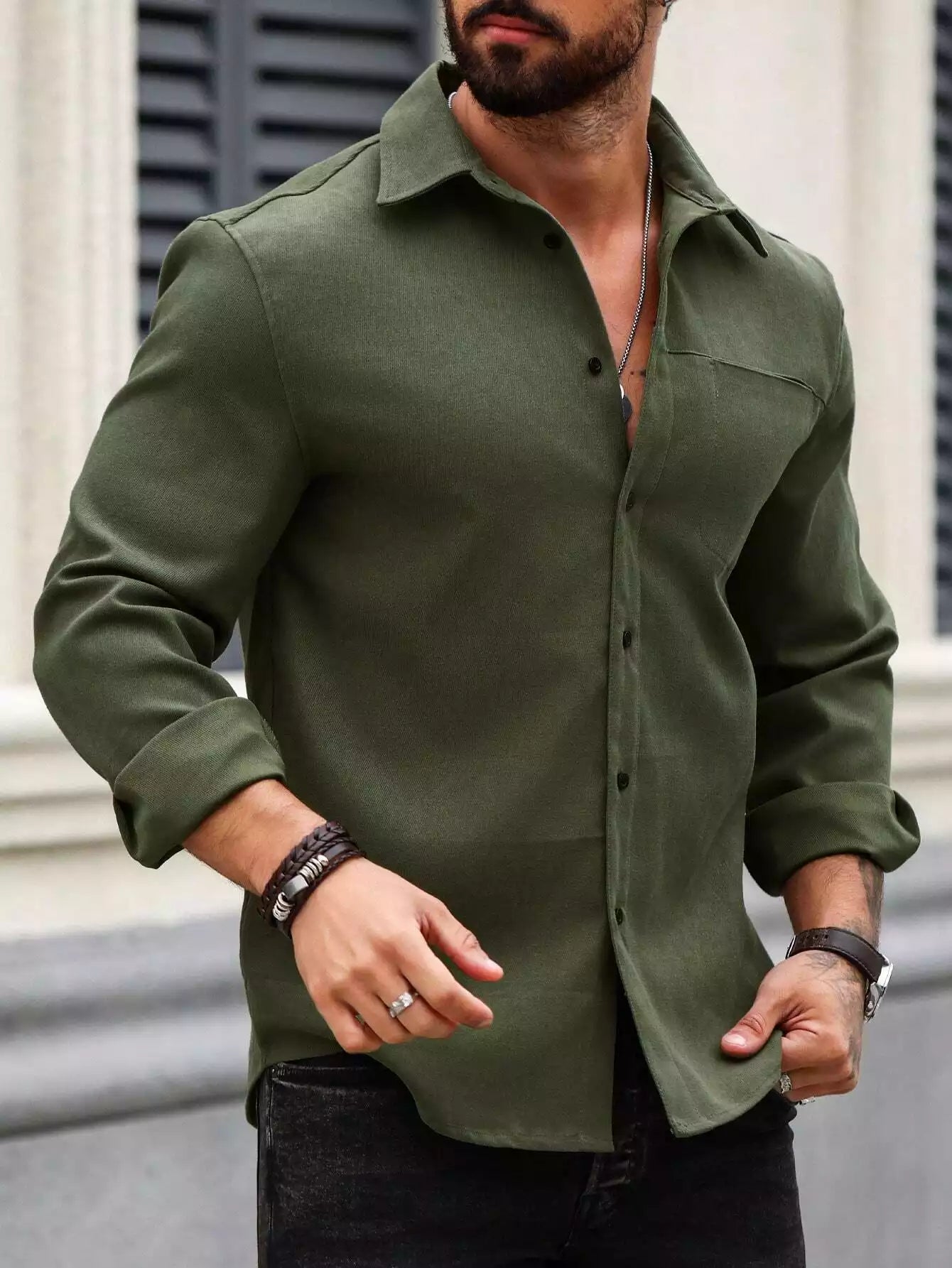 Men Spring And Summer Solid Color Loose Casual Long-Sleeved Shirt Green Color - XPST