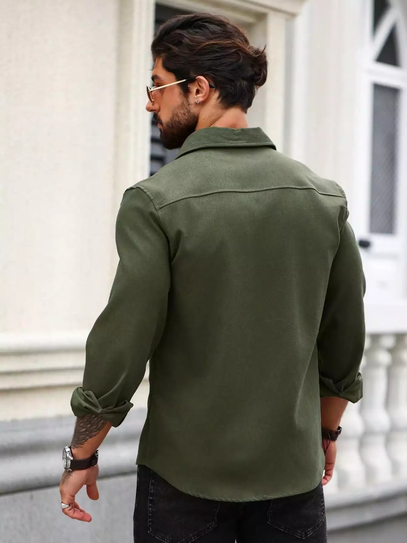 Men Spring And Summer Solid Color Loose Casual Long-Sleeved Shirt Green Color - XPST