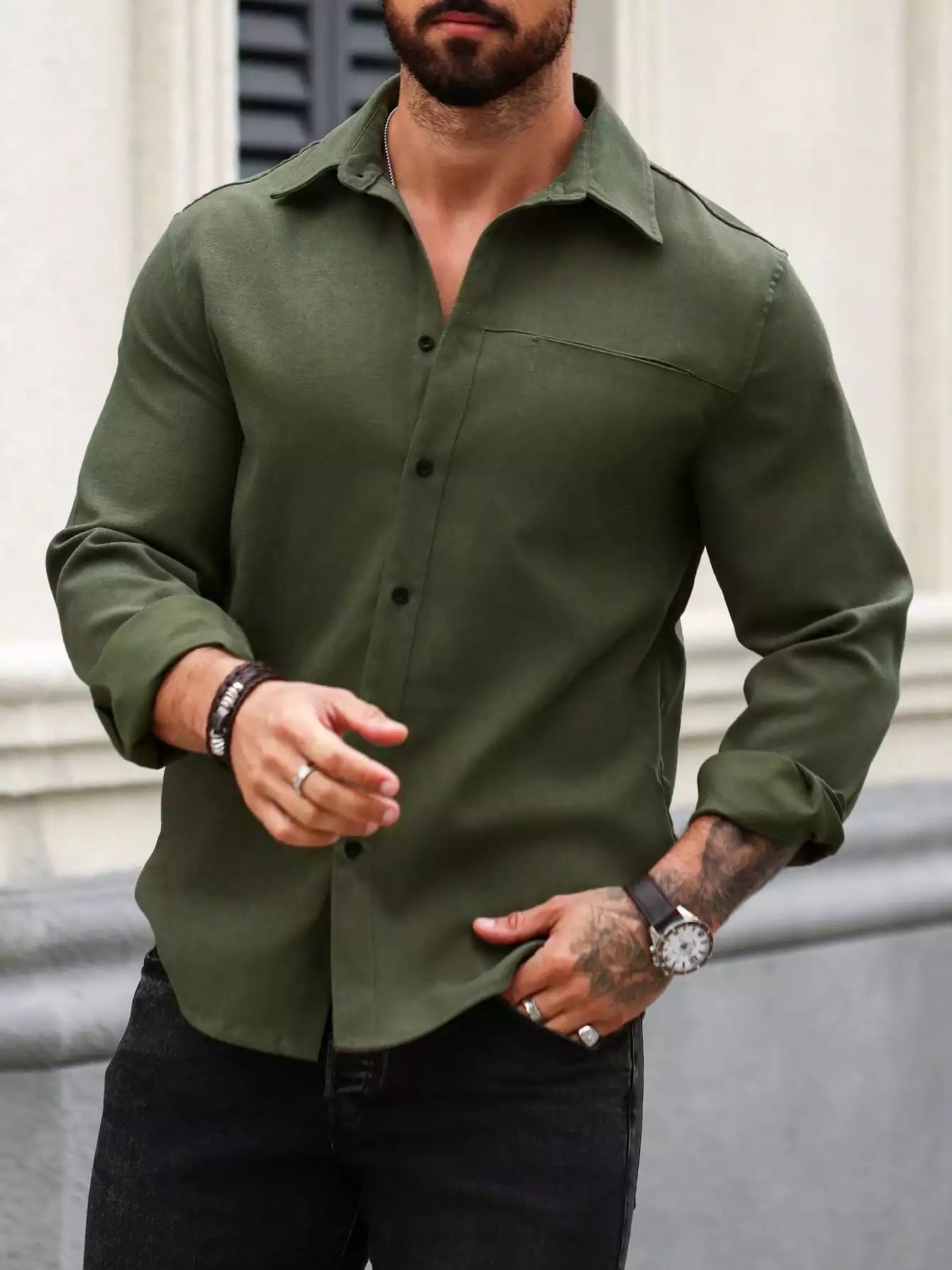 Men Spring And Summer Solid Color Loose Casual Long-Sleeved Shirt Green Color - XPST