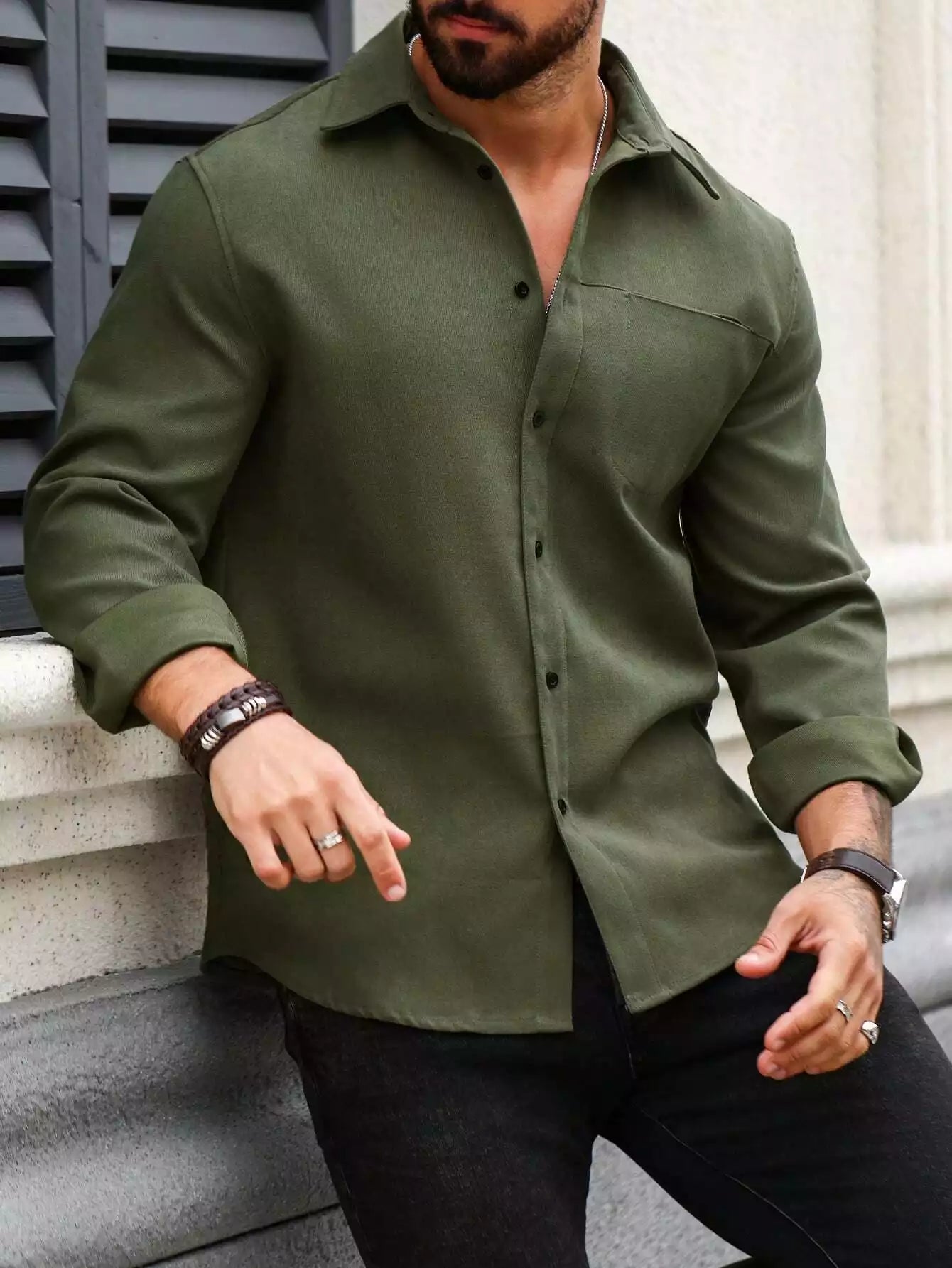 Men Spring And Summer Solid Color Loose Casual Long-Sleeved Shirt Green Color - XPST