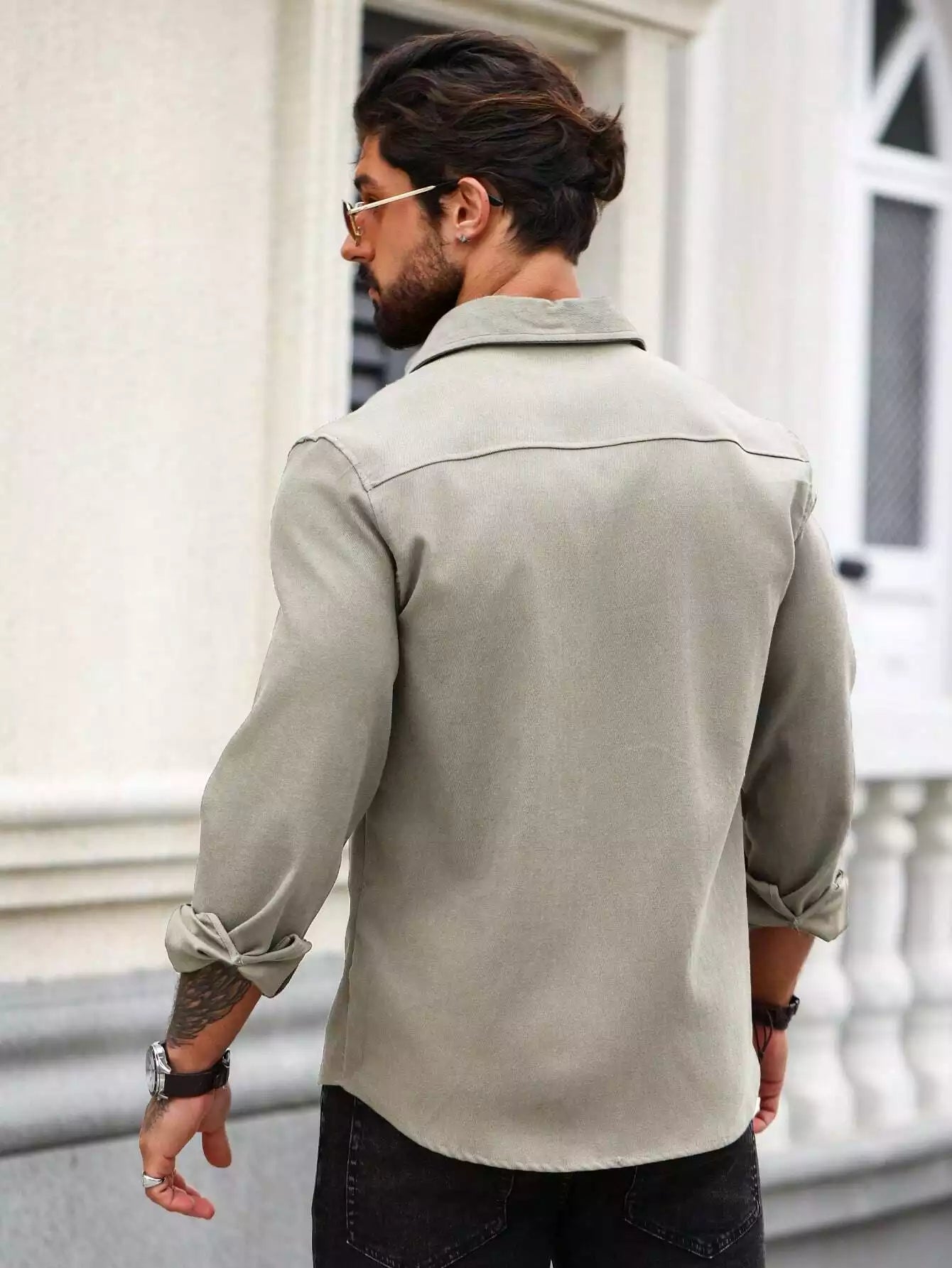Men Spring And Summer Solid Color Loose Casual Long-Sleeved Shirt Grey Color - XPST