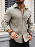 Men Spring And Summer Solid Color Loose Casual Long-Sleeved Shirt Grey Color - XPST