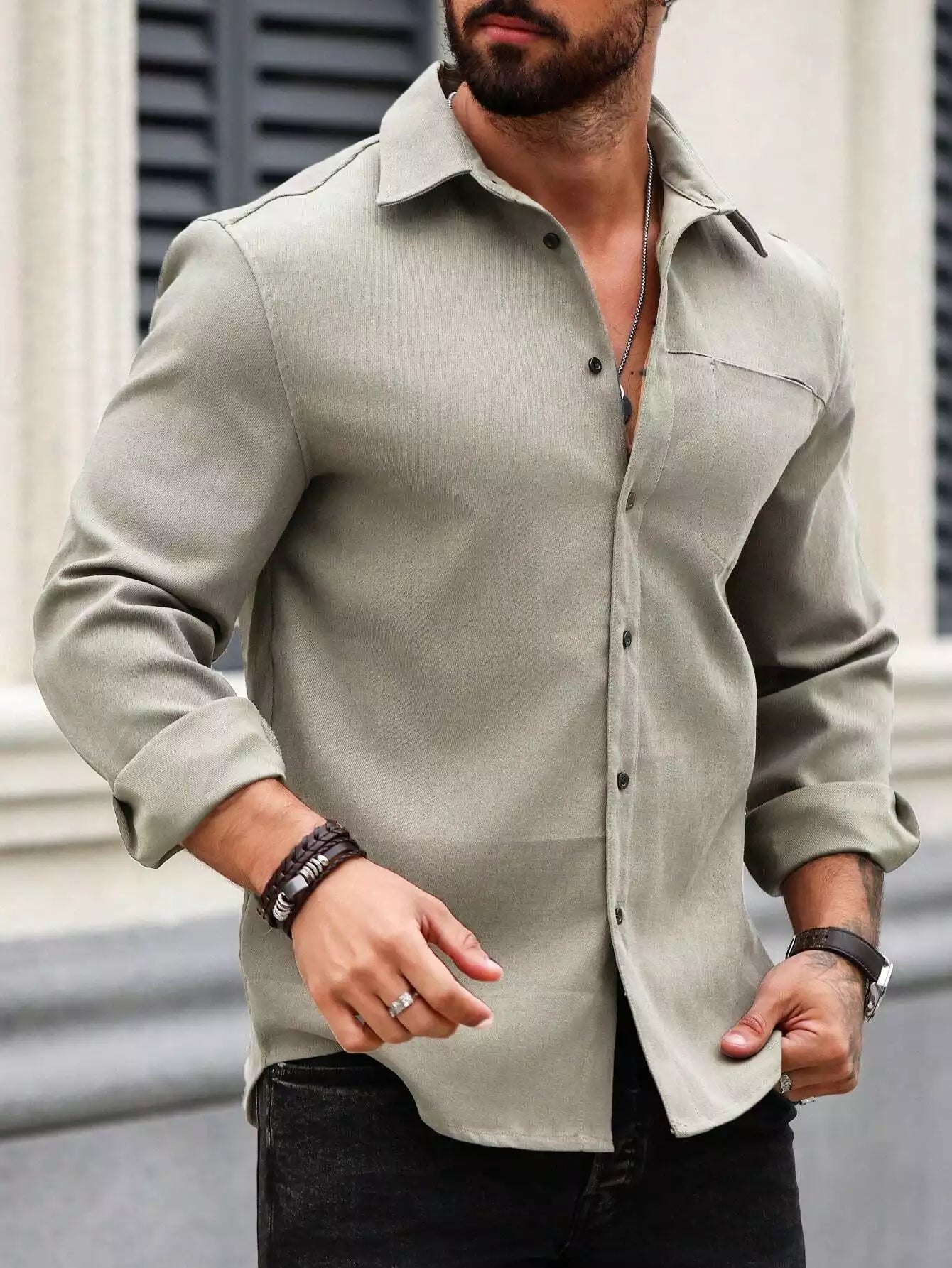 Men Spring And Summer Solid Color Loose Casual Long-Sleeved Shirt Grey Color - XPST