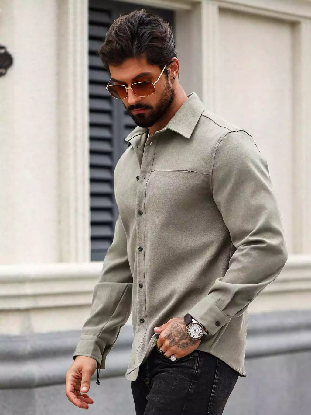Men Spring And Summer Solid Color Loose Casual Long-Sleeved Shirt Grey Color - XPST