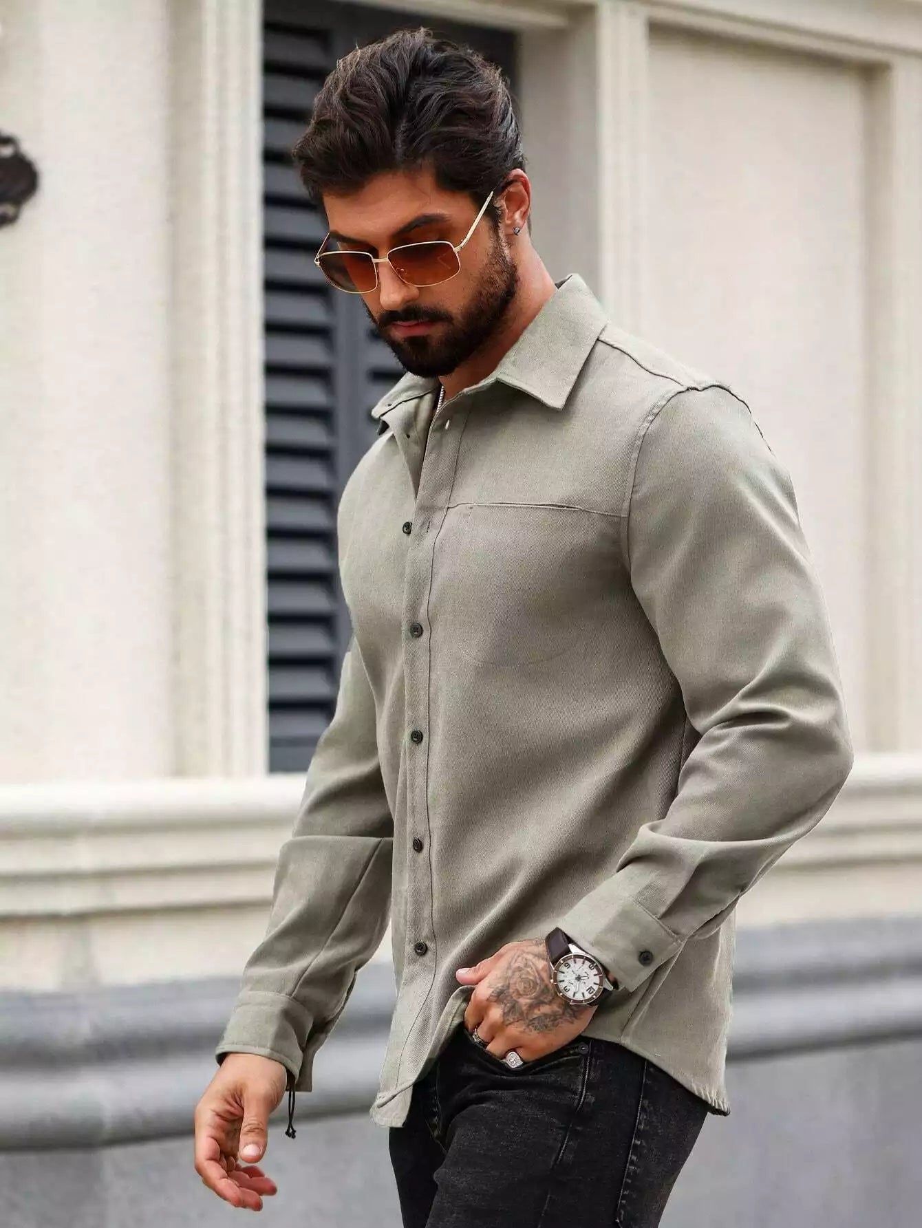 Men Spring And Summer Solid Color Loose Casual Long-Sleeved Shirt Grey Color - XPST
