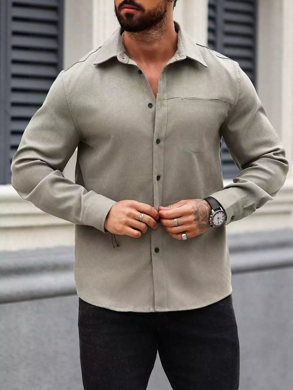 Men Spring And Summer Solid Color Loose Casual Long-Sleeved Shirt Grey Color - XPST