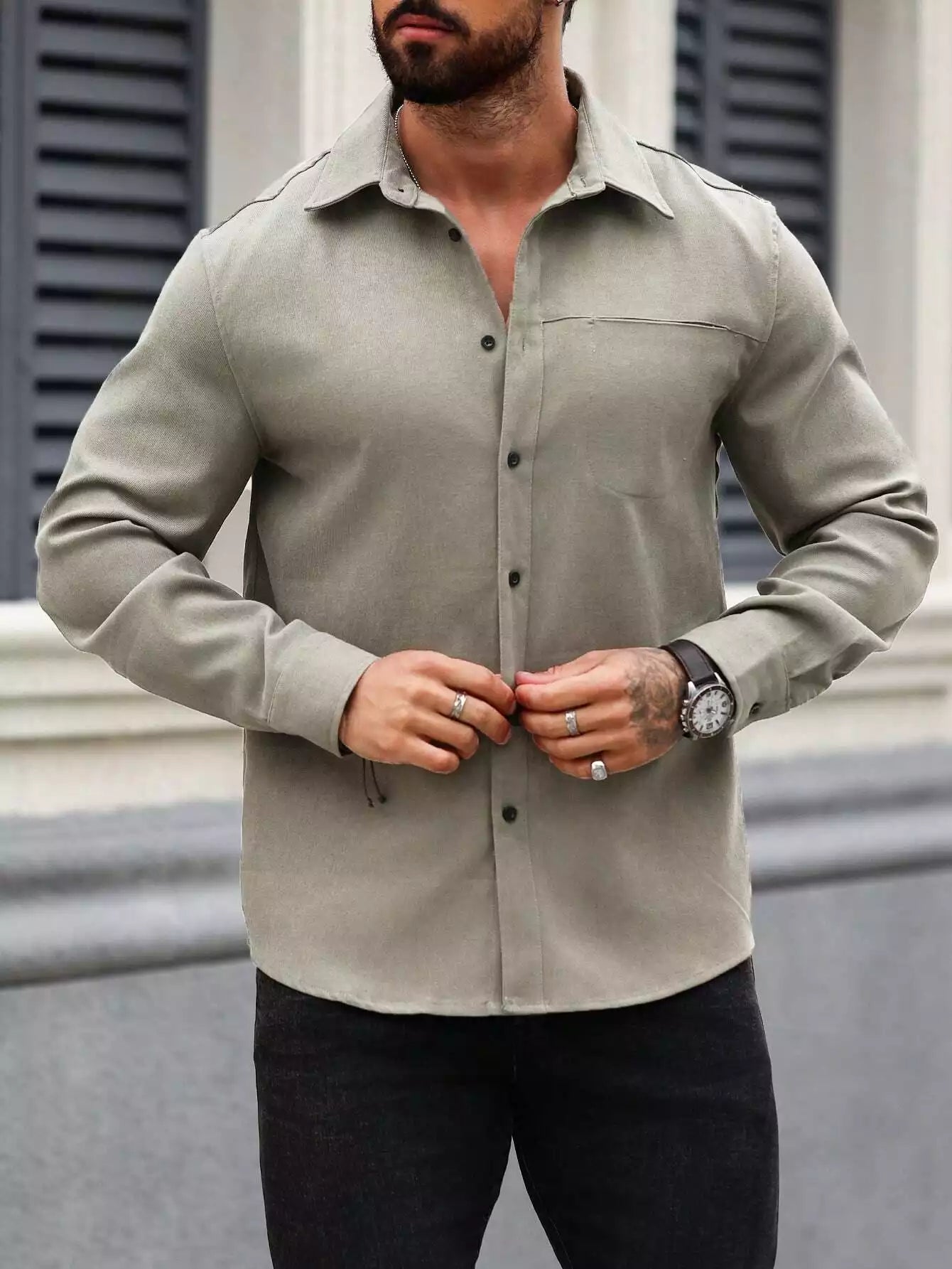 Men Spring And Summer Solid Color Loose Casual Long-Sleeved Shirt Grey Color - XPST