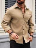 Men Spring And Summer Solid Color Loose Casual Long-Sleeved Shirt Khaki Color - XPST