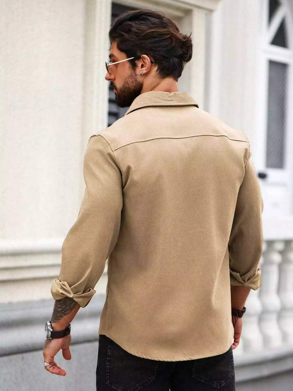 Men Spring And Summer Solid Color Loose Casual Long-Sleeved Shirt Khaki Color - XPST